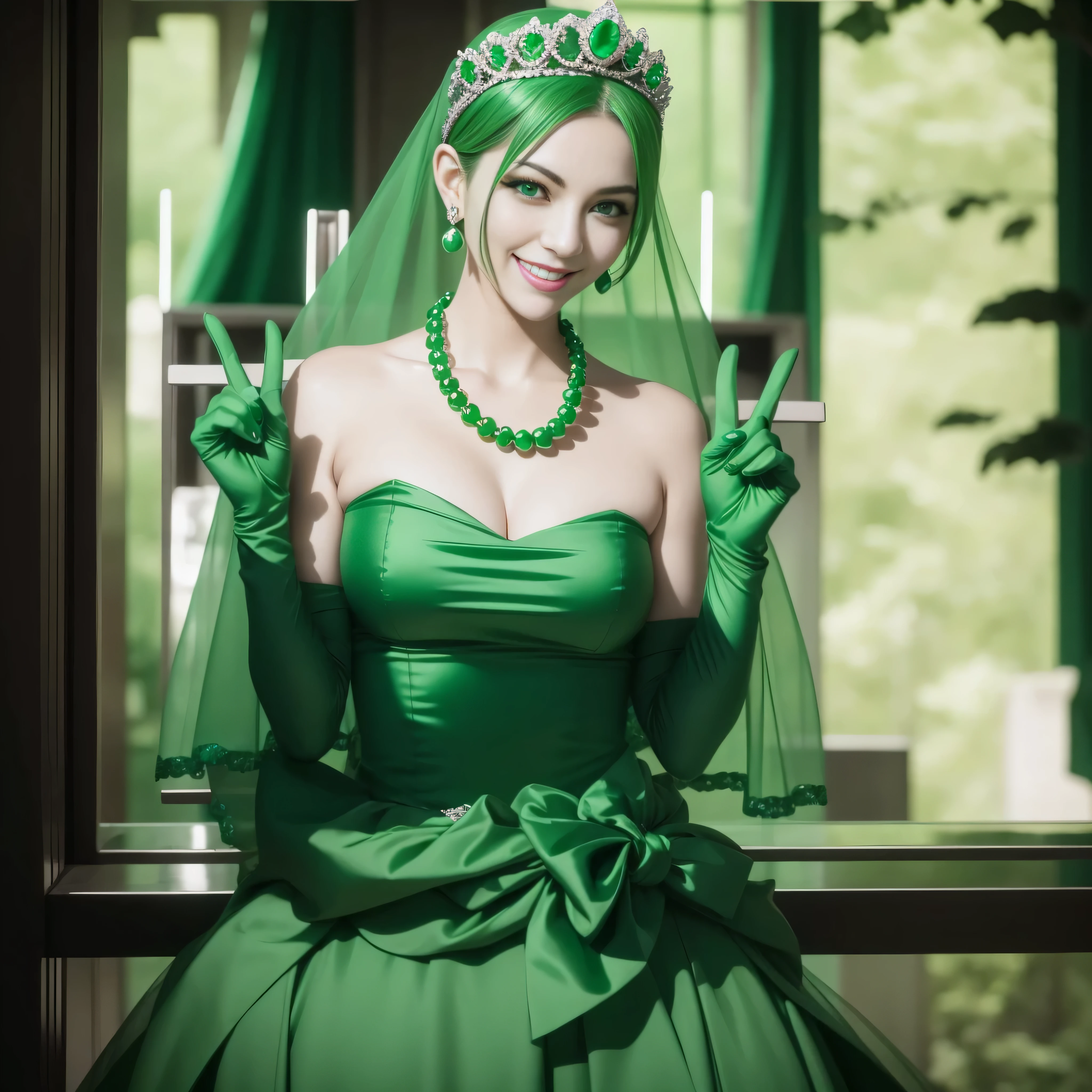 emerald tiara, Green Pearl Necklace, Boyish very short green hair, lipsticks, Japan woman smiling, very short short hair, big breasts beautiful, Green eyes, Long green gloves made of satin material, Green eyes, Emerald Earrings, green vale, v sign