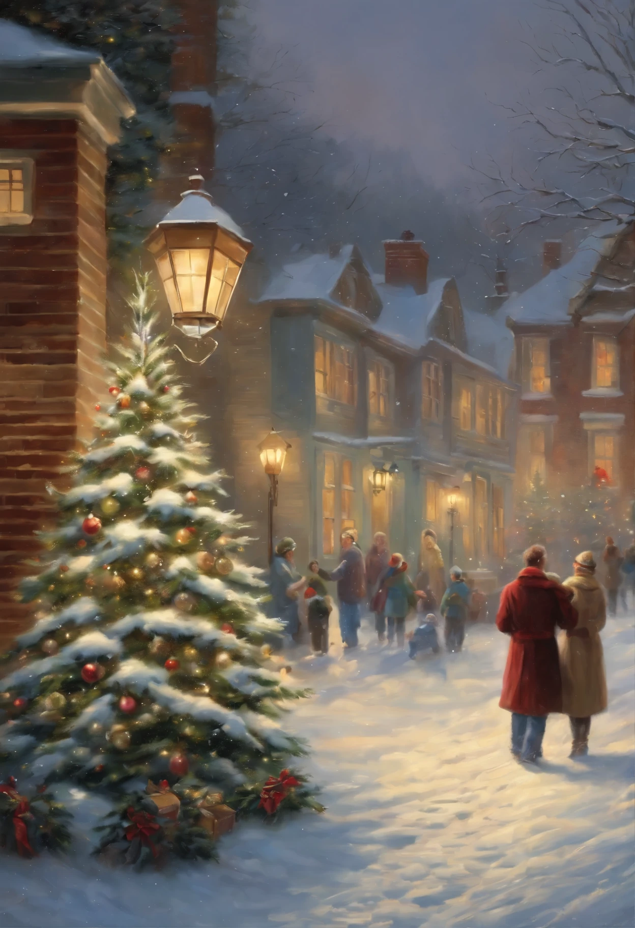 Throwing snowballs, playing throwing snowballs, painting of a Christmas tree in a snowy village with people walking by, christmas night, John McNaughton, inspired Mark Keatley, Mark Keatley, Christmas tree, Thomas Kinkade, by Thomas Kinkade, Thomas Kinkade cfg _ Scale 9, Thomas Kinkade style painting, holiday season, ( ( Thomas Kinkade ) ), makoto sinkai