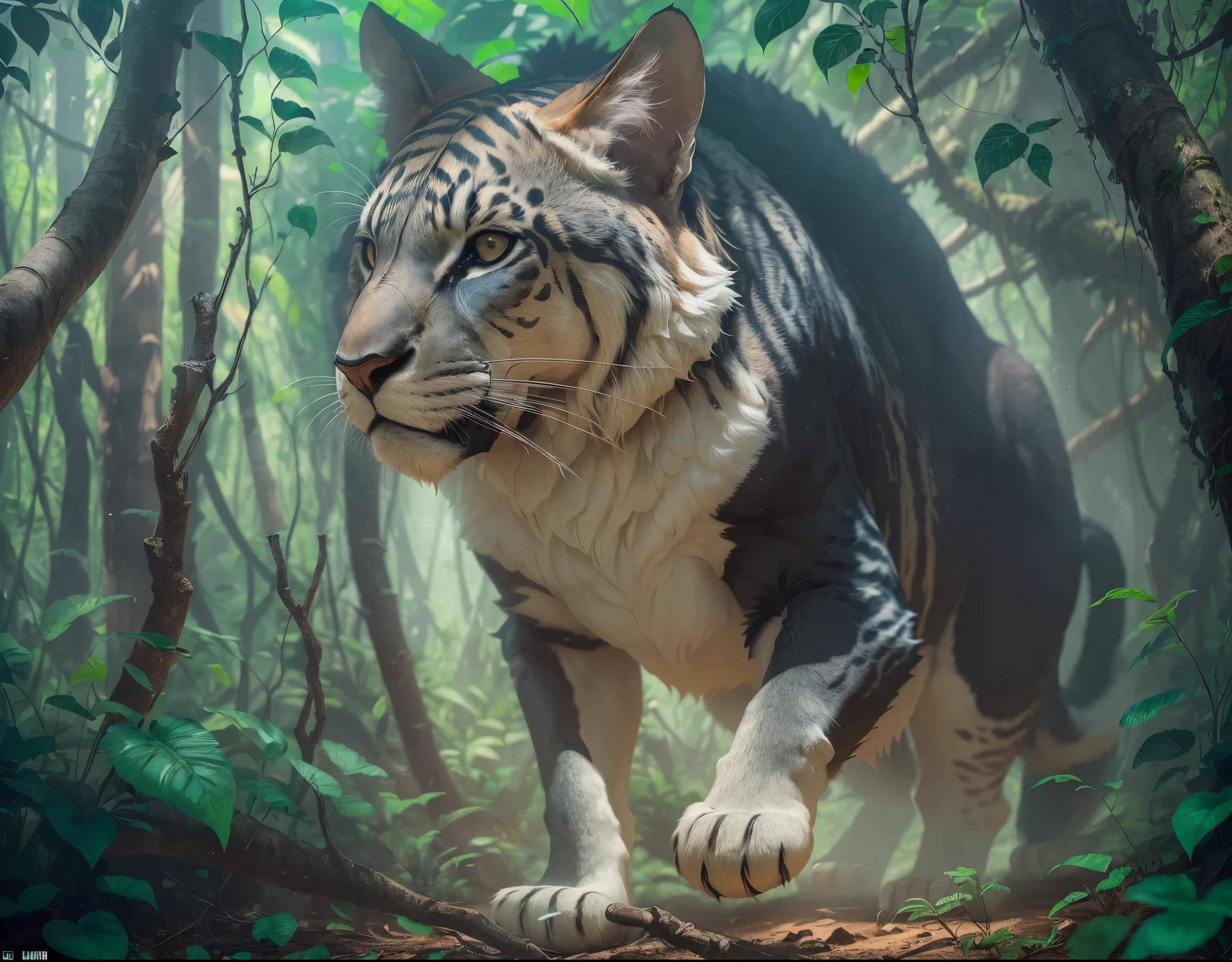 Different animal as big as forest, 50 meters high, jungle, otherworldly, like a movie, bbc earth, unreal concept, unreal appearance, --auto --s2