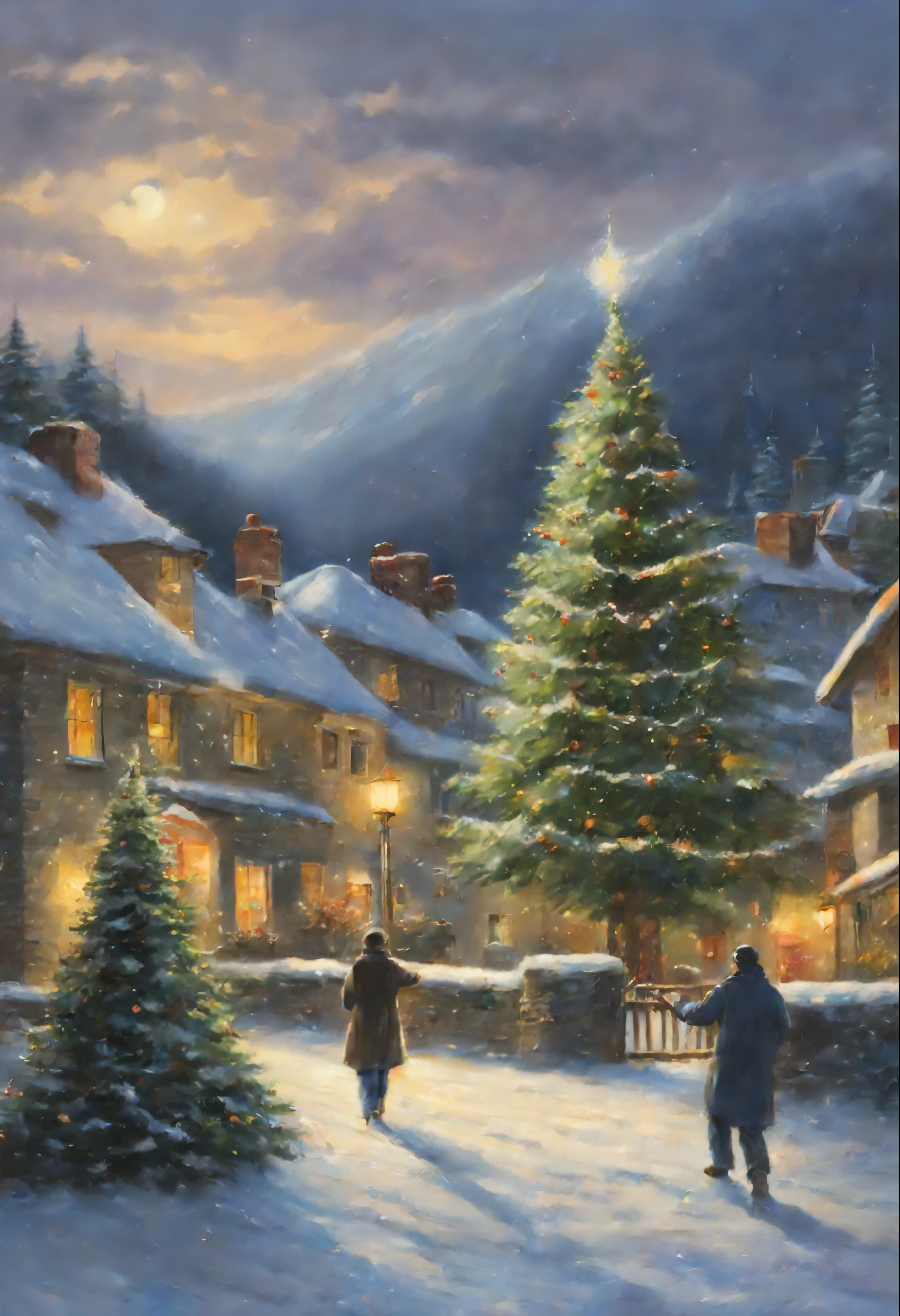 Throwing snowballs, playing throwing snowballs, painting of a Christmas tree in a snowy village with people walking by, christmas night, John McNaughton, inspired Mark Keatley, Mark Keatley, Christmas tree, Thomas Kinkade, by Thomas Kinkade, Thomas Kinkade cfg _ Scale 9, Thomas Kinkade style painting, holiday season, ( ( Thomas Kinkade ) ),  makoto sinkai