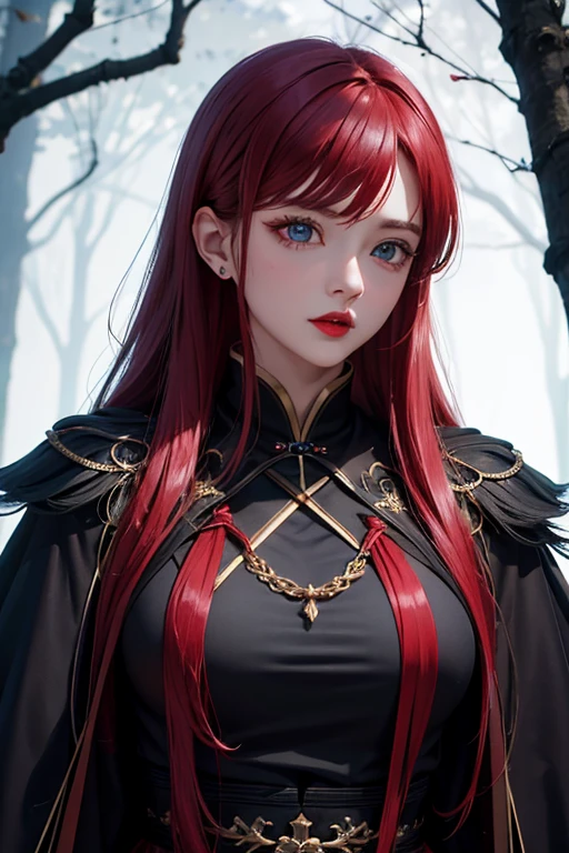 Best quality, 超高分辨率, 4K detailed CG, tmasterpiece, Generate an image of a red-haired woman, light blue  eyes, Wearing detailed black clothing, Detailed black jacket, 黑色的hooding遮住了她的脸, hooding，red lip stick, Face details, Orientation in dark forest at night, magia, Cinematic, indirect, dramatic clues, Aesthetic, Screen-centric, Full body lesbian, close-up face