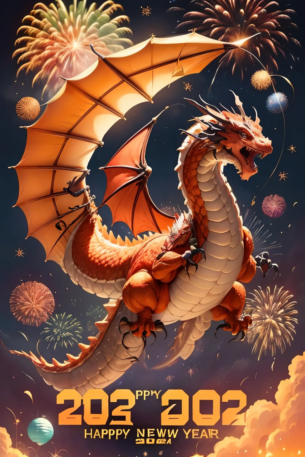 「2024 HAPPY NEW YEAR 」、Flying dragon in the background、Excluding people