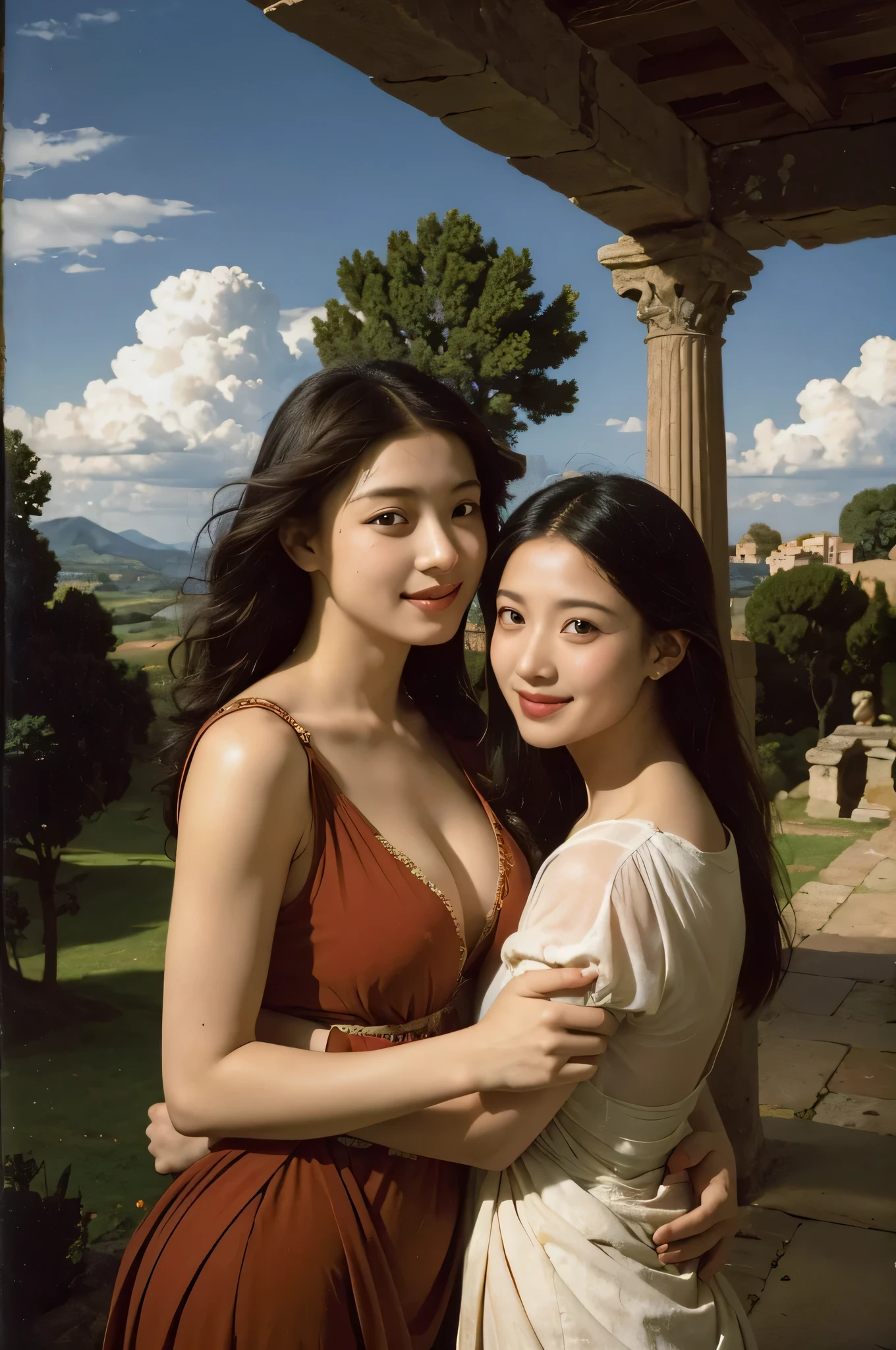 Ancient Roman landscape in the style of Poussin,A smile,,Sweet and seductive appearance.、Caravaggio's paintings、Chiaroscuro of Caravaggio、Hair disheveled in the wind,Two women frolicking,Cute smile, Expression of ecstasy,A sexy,erotick