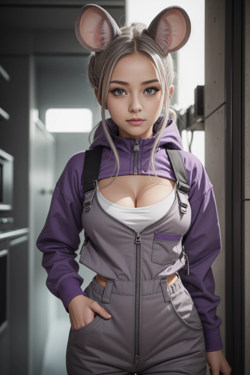 A beautiful, fit, grey skinned mouse girl wearing a purple set of utility overalls unzipped to her midriff. She is covered in grey fur and her face is very mouse-like with a long muzzle and a pink mouse nose. She has mouse ears. She is very sexy and cute and her medium breasts strain the fabric of her purple utility jumpsuit. She looks very sexy and is looking into the camera with an alluring look on her face.