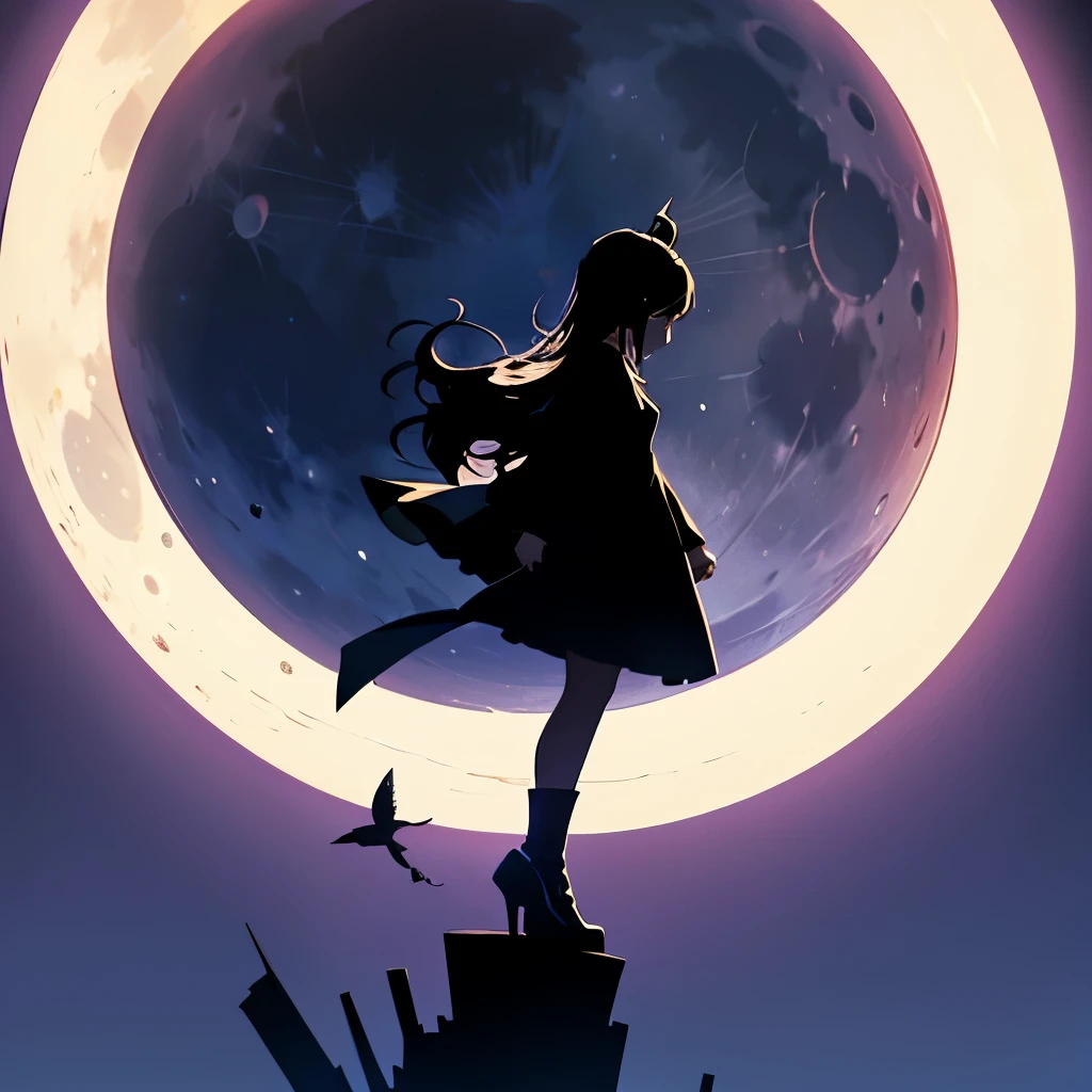 (()), find more ideas about moon wallpaper, wallpaper girl, silhouettes and moon in this collection wallpaper girl silhouettes, silhouettes art, digital art, silhouette background, cute wallpaper, kawai wallpaper, person, 1girl, solo, moon, long hair, full moon, anime minimalist