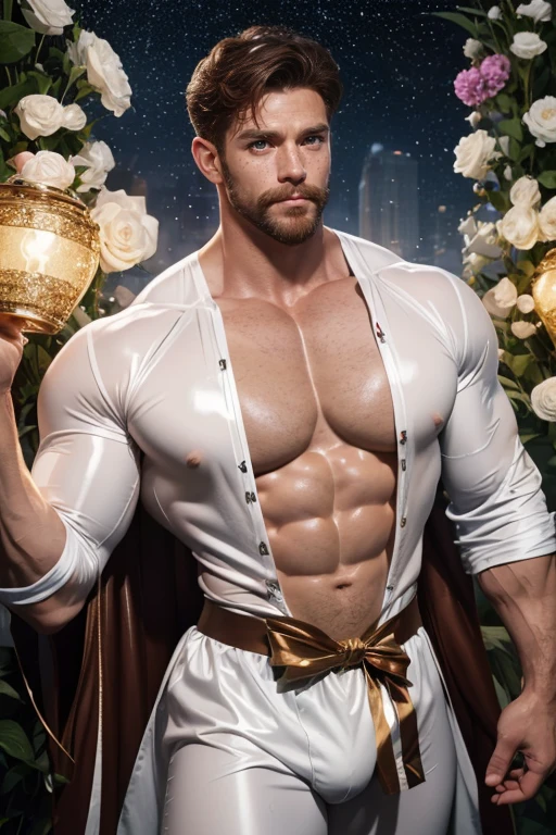 Sailor moon male version , dynamic pose ((muscle man , abs , 50 years old , big bulge , ginger beard , oil , freckles , short hair , Brown eyes , hair chest , wearing a sailor moon outfit in latex plastic)) in white background (iridescent , lights , stars lights , flashes of light , white butterflys , flowers , glitter) plane 3/4 , Full length portrait , 8k , high definition , perfect detail , photo