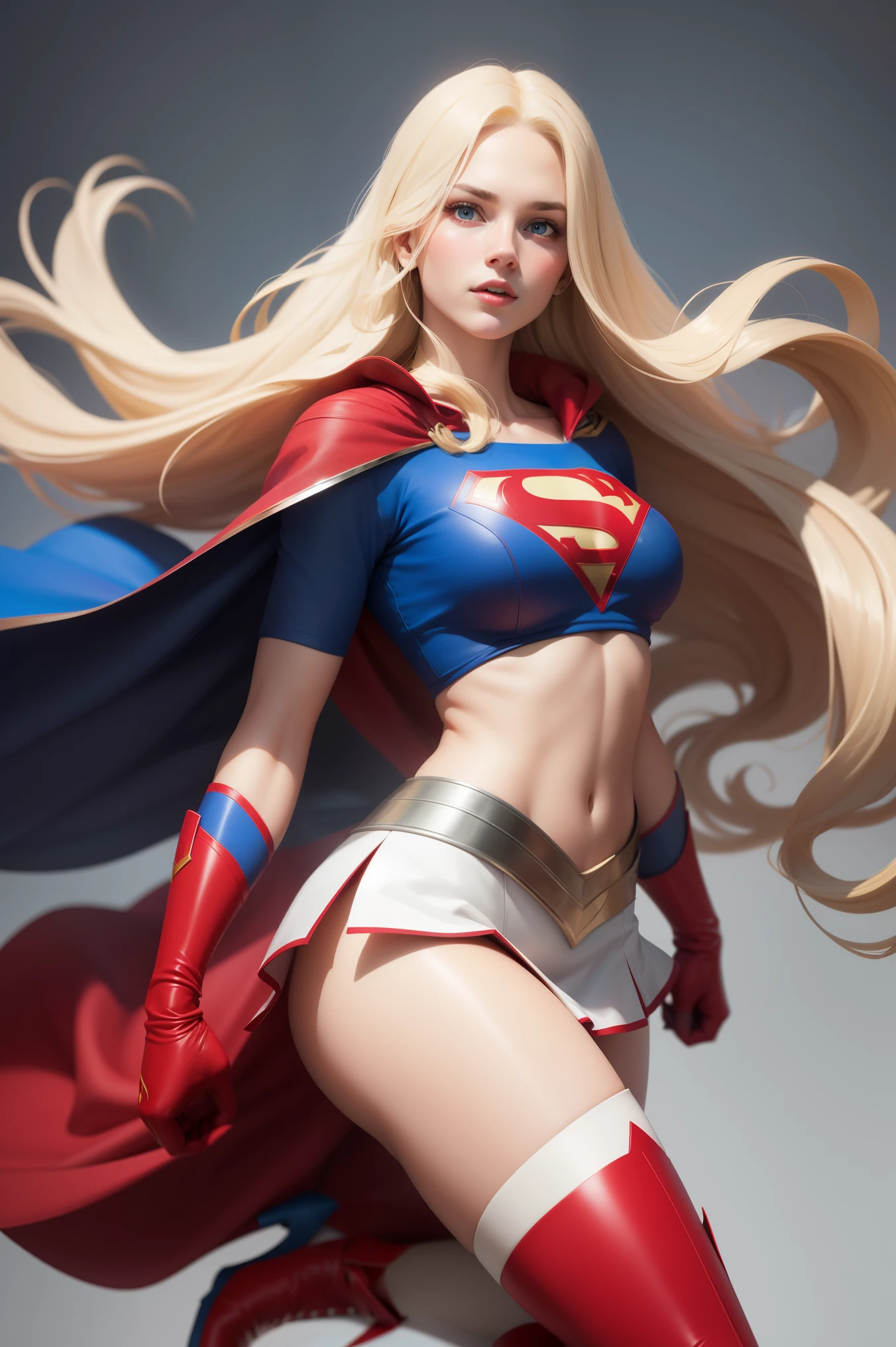 sexy Supergirl long blonde hair and blue eyes, black hairband, white croptop, short sleeves, red cape, blue pencil skirt, red boots, white gloves