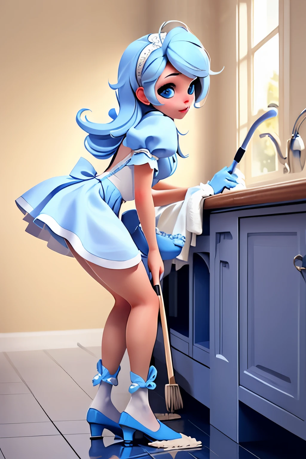 sexy blonde Cinderella cleaning a house with a mop, on her knees, bending down, in white lingerie, blue hairband, indoors and a kitchen, detailed