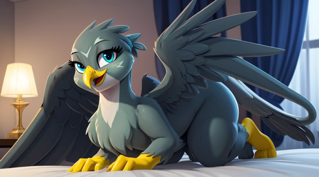 (Masterpiece, highly detailed, anime style render, slightly blurred background, cinematic light particles, front view:1.1, low angle perspective view:1.1), ((Gabby)), (furry:1.2), (((short stack))), female gryphon, blue-grey body, beak, ((tail)), (((yellow arms, yellow hands))), ((blue-grey hind legs)), ((big wings)), solo, on knees, on a bed with light grey sheets, hand rubbing crotch, tail going between legs rubbing crotch, (((wearing black transparent stockings, black detailed panties))), visible panties, (((smiling seductively at viewer centered, with half-closed eyes:1.2, very visibly aroused, and a smug expression))), (((thick thighs))), (thigh gap), spreading wings, (big wide detailed cobalt blue green cartoon eyes:1.2), ((blue-grey eyelids)), (digitigrade:1.2), ((in a detailed elegant hotel room with white walls, white curtains, a window, at midnight, dark night)