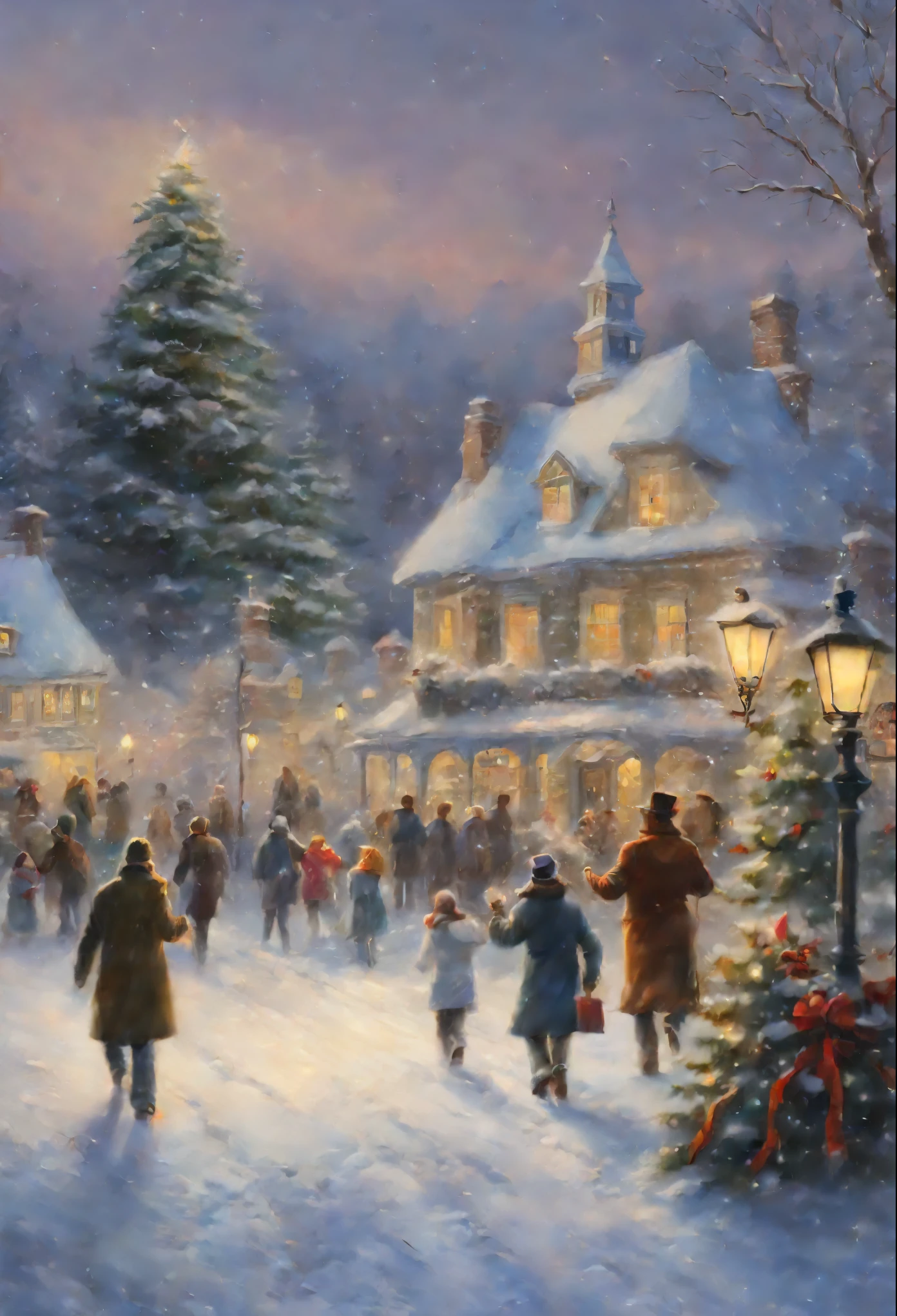 Picture of people, throwing snowballs at each other, walking in the snow near the Christmas tree, inspired Mark Keatley, John McNaughton, Mark Keatley, ( Thomas Kinkade ), Ernest William Christmas, Thomas Kinkade cfg _ Scale 9, Thomas Kinkade style, by Thomas Kinkade, ( ( Thomas Kinkade ) ), Thomas Kinkade