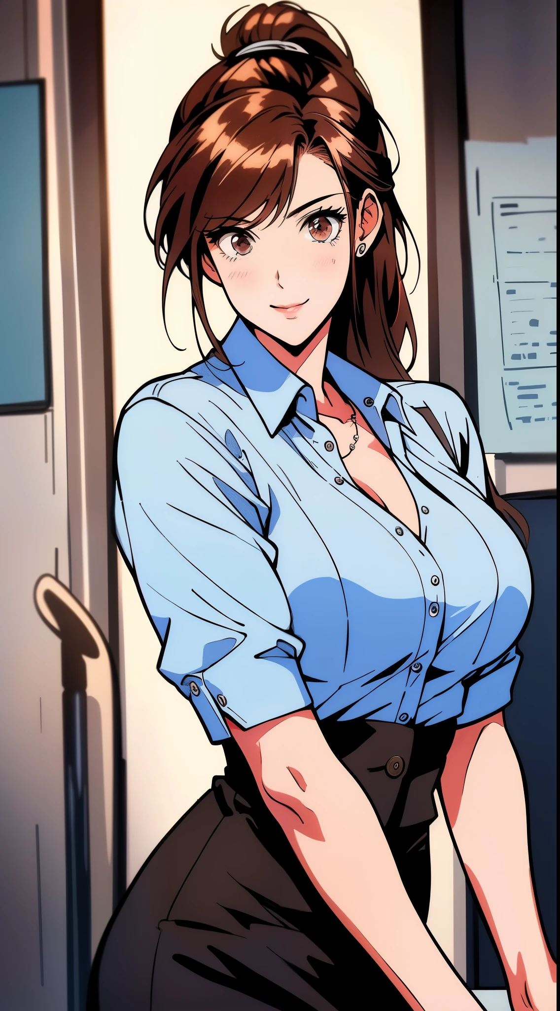 masterpiece, best quality, highest quality, perfect anatomy, highres, ultra-detailed, 8k wallpaper, texture, detail, unique, HDR, extremely detailed CG, Azuma Hisato, 1 girl, Solo, full body, standing, ponytail, brown_hair, Bangs, brown_eyes, 20yo, mature female, looking at viewer, smile, lewd face, (Beautiful,large_Breasts:1.4), (beautiful_face:1.5),(narrow_waist), office outfit, office uniform