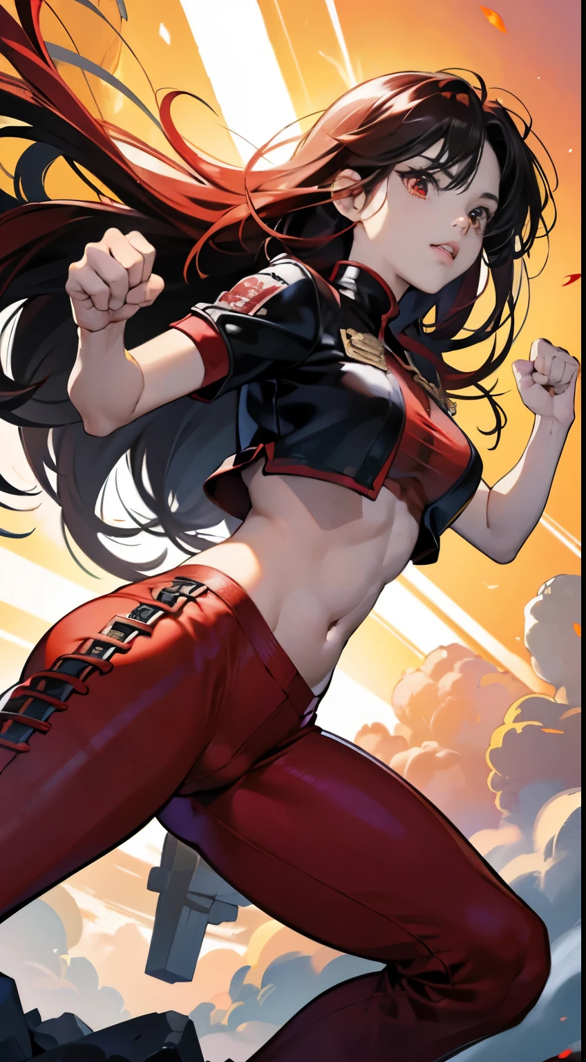 (Best quality at best,4K,A high resolution), Girl vs, Red mesh hair on black hair, Long, straight hair, sharp sharp eyes，red eyes、eyeline、red blous，well decorated、Navel ejection、Cross band、tight leather pants、It feels good to laugh，Put your fists in front of your body，comic strip，and soul、fistfighting、Fighting posture，如同战斗comic strip中的场景一样的描绘、Transformation cute illustration、a 3D render, Surrounded by lightning,, full body photo shot, hyper realisitc、(Best quality at best,4K,A high resolution), Girl vs, Red mesh hair on black hair, Long, straight hair, sharp sharp eyes，red eyes、eyeline、带有繁复装饰的red blous、Navel ejection、Cross band、tight leather pants、It feels good to laugh，Put your fists in front of your body，comic strip，and soul、fistfighting、Fighting posture，如同战斗comic strip中的场景一样的描绘、Transformation cute illustration、Bleeding from the belly button eye，wounded，There is blood