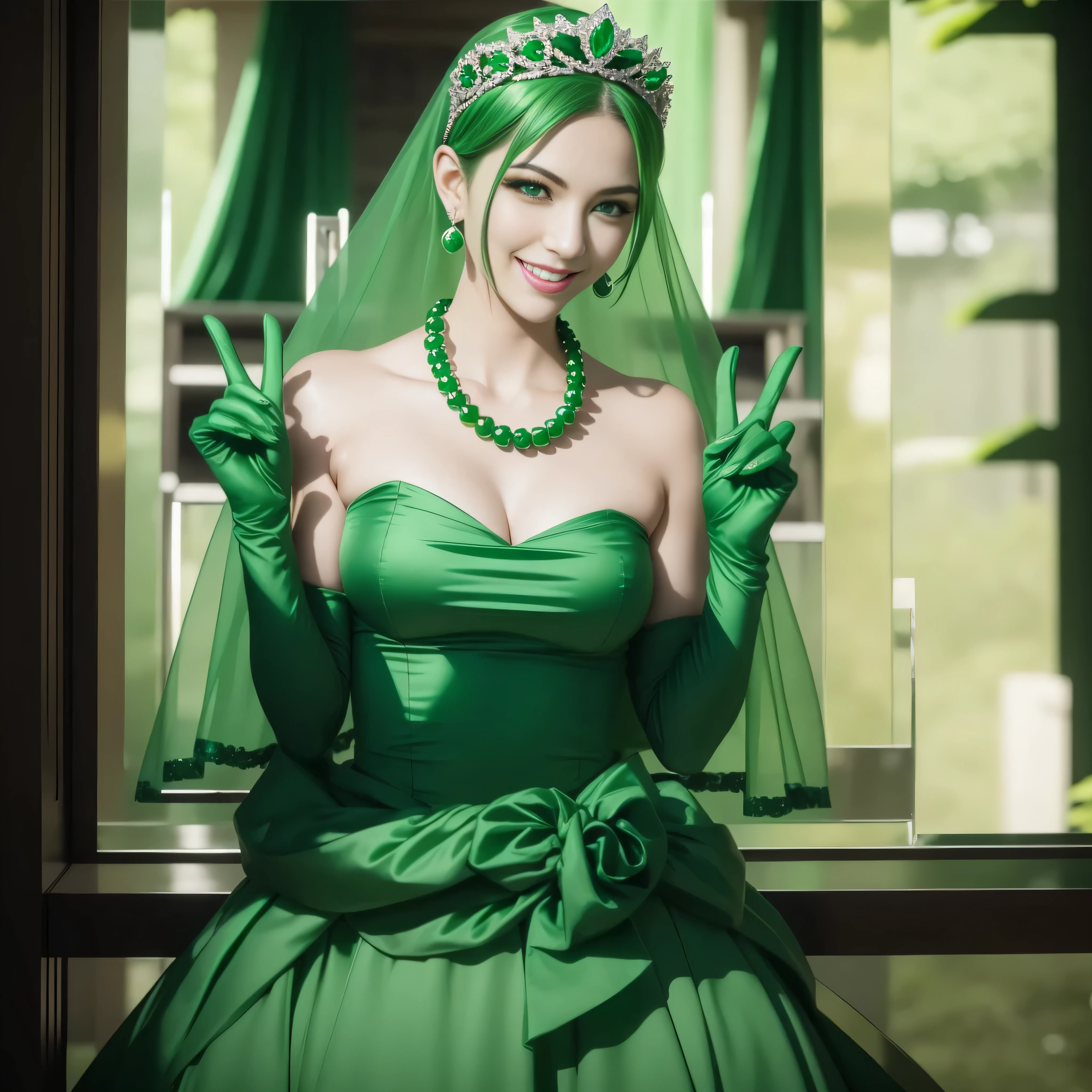 emerald tiara, Green Pearl Necklace, Boyish very short green hair, lipsticks, Japan woman smiling, very short short hair, big breasts beautiful, Green eyes, Long green gloves made of satin material, Green eyes, Emerald Earrings, green vale, v sign