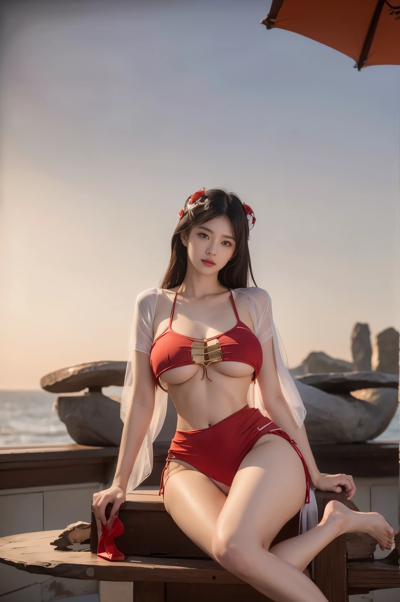 araffe woman in a red bikini sitting on a wooden bench, gorgeous chinese model, japanese goddess, seductive anime girl, , sexy , sexy pose, Middle metaverse, , ig model | artgerm, beautiful goddess, chinese girl, character is in her natural pose, beautiful asian girl, attractive pose
