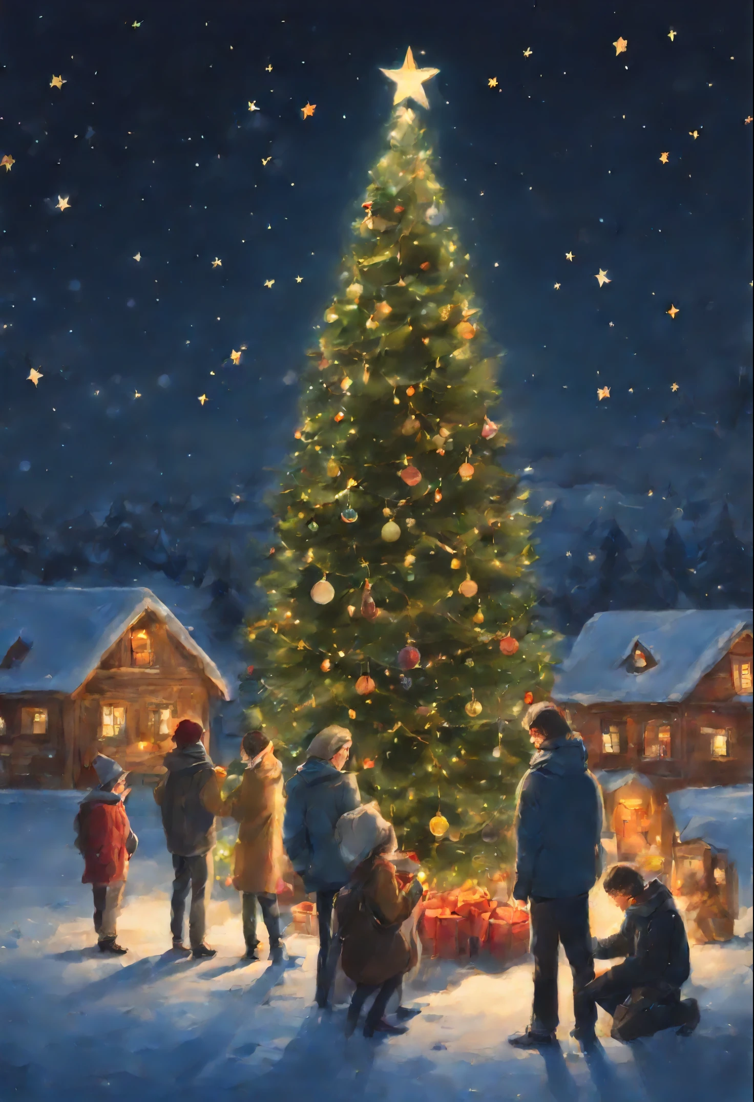 Picture of friends, give polar bags to each other, Cuddling, standing in front of the Christmas tree, by Hristofor Zhefarovich, by Izidor Kršnjavi, christmas night, under the quiet night sky, Twinkling stars, by Aleksander Gierymski, Tibor Renьi, Eugeniusz Zak, warm and joyful atmosphere