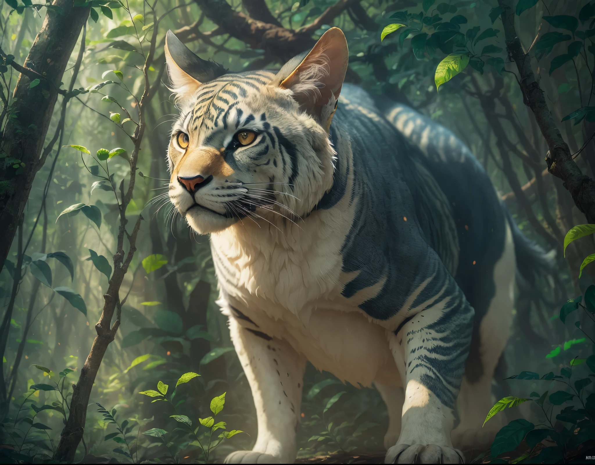 Different animal as big as forest, 50 meters high, jungle, otherworldly, like a movie, bbc earth, unreal concept, unreal appearance, --auto --s2