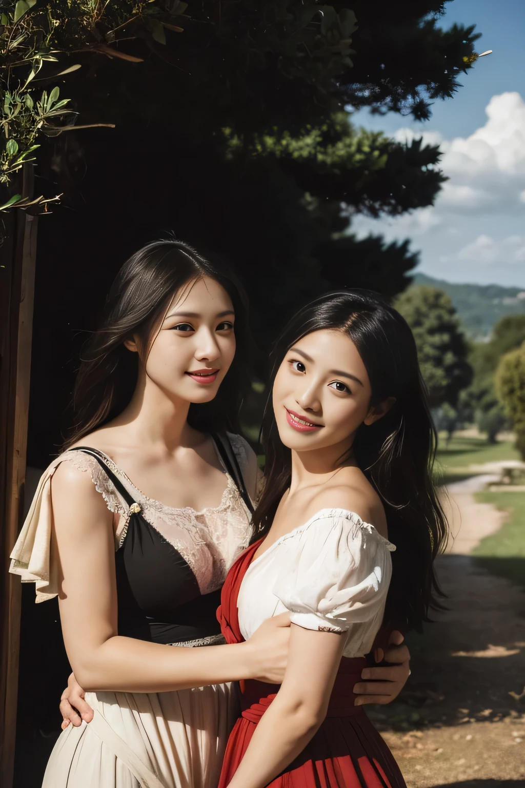 Ancient Roman ruins,Poussin-style landscape,A smile,,Sweet and seductive appearance.、Caravaggio's paintings、Chiaroscuro of Caravaggio、Hair disheveled in the wind,Two women frolicking,Cute smile, Expression of ecstasy,A sexy,erotick