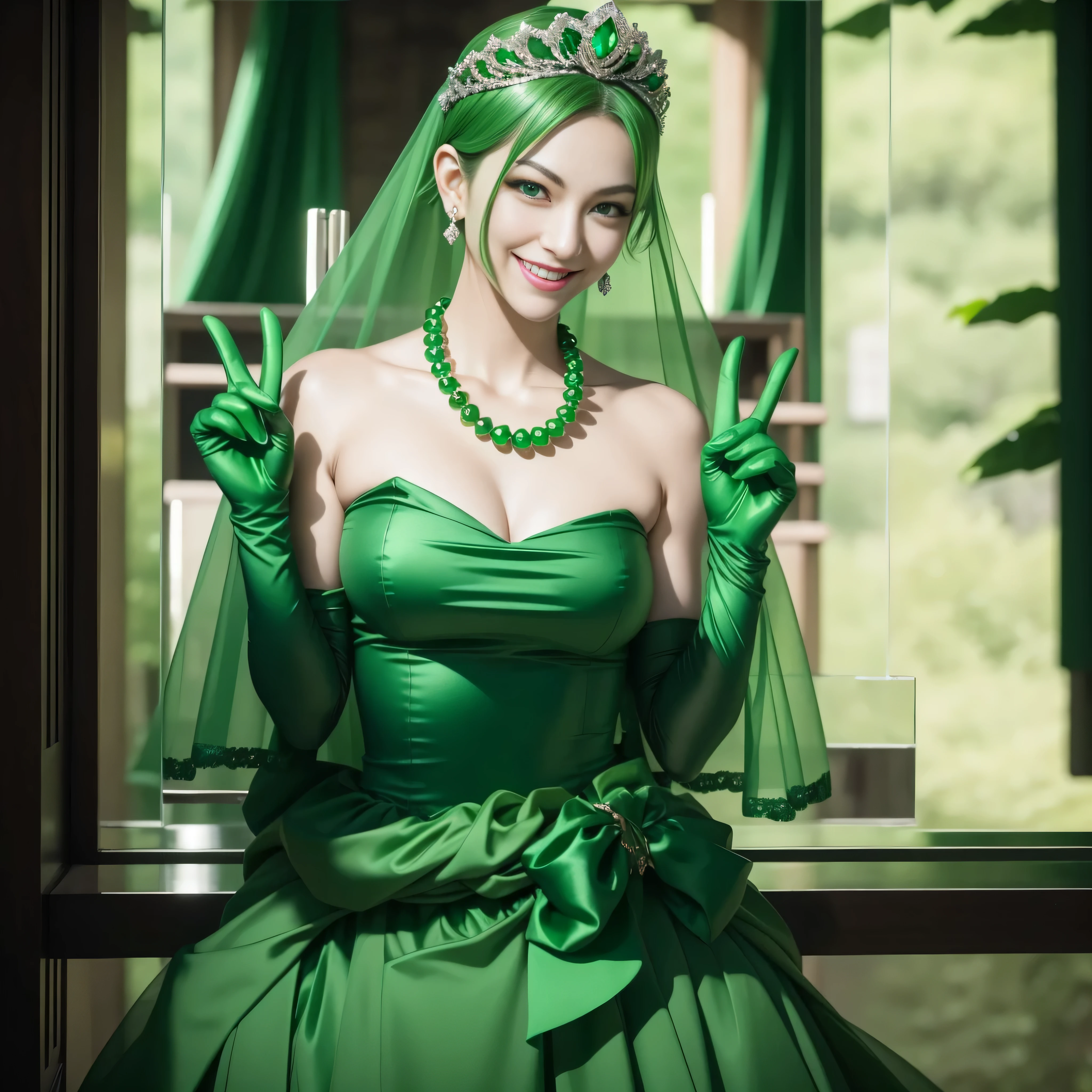 emerald tiara, Green Pearl Necklace, Boyish very short green hair, lipsticks, Japan woman smiling, very short short hair, big breasts beautiful, Green eyes, Long green gloves made of satin material, Green eyes, Emerald Earrings, green vale, v sign