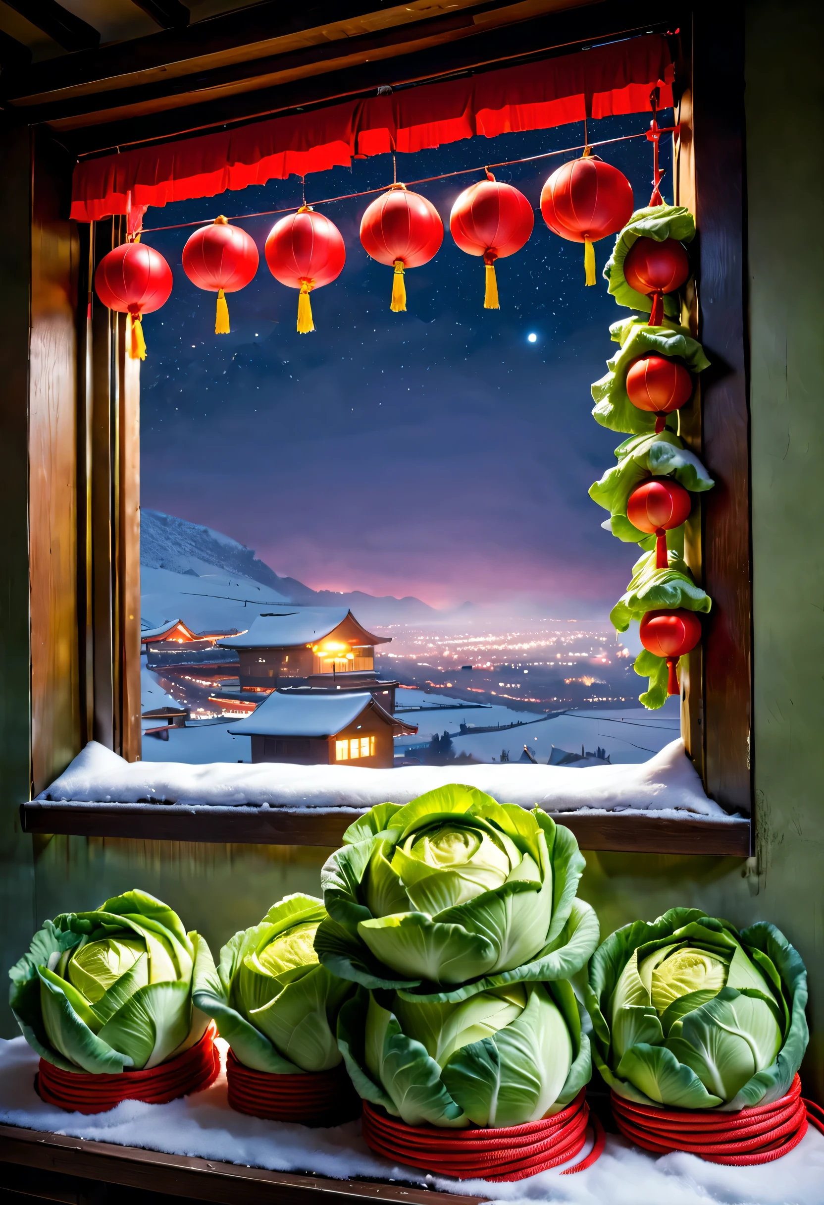 Snow-covered northeastern countryside with fireworks blooming at night, (The window sill is filled with piles of Northeastern cabbage tied with red rope.),