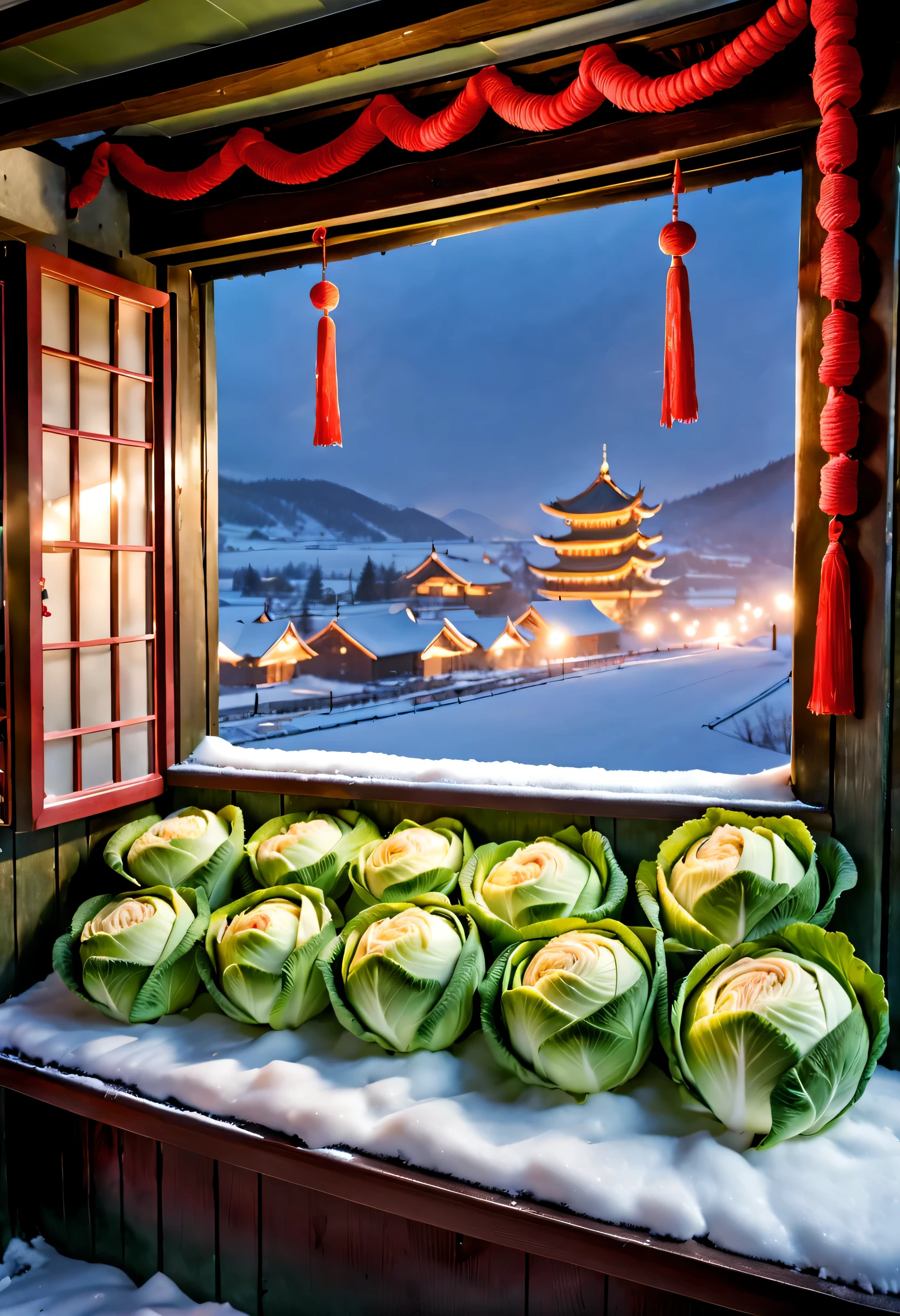 Snow-covered northeastern countryside with fireworks blooming at night, (The window sill is filled with piles of Northeastern cabbage tied with red rope.),