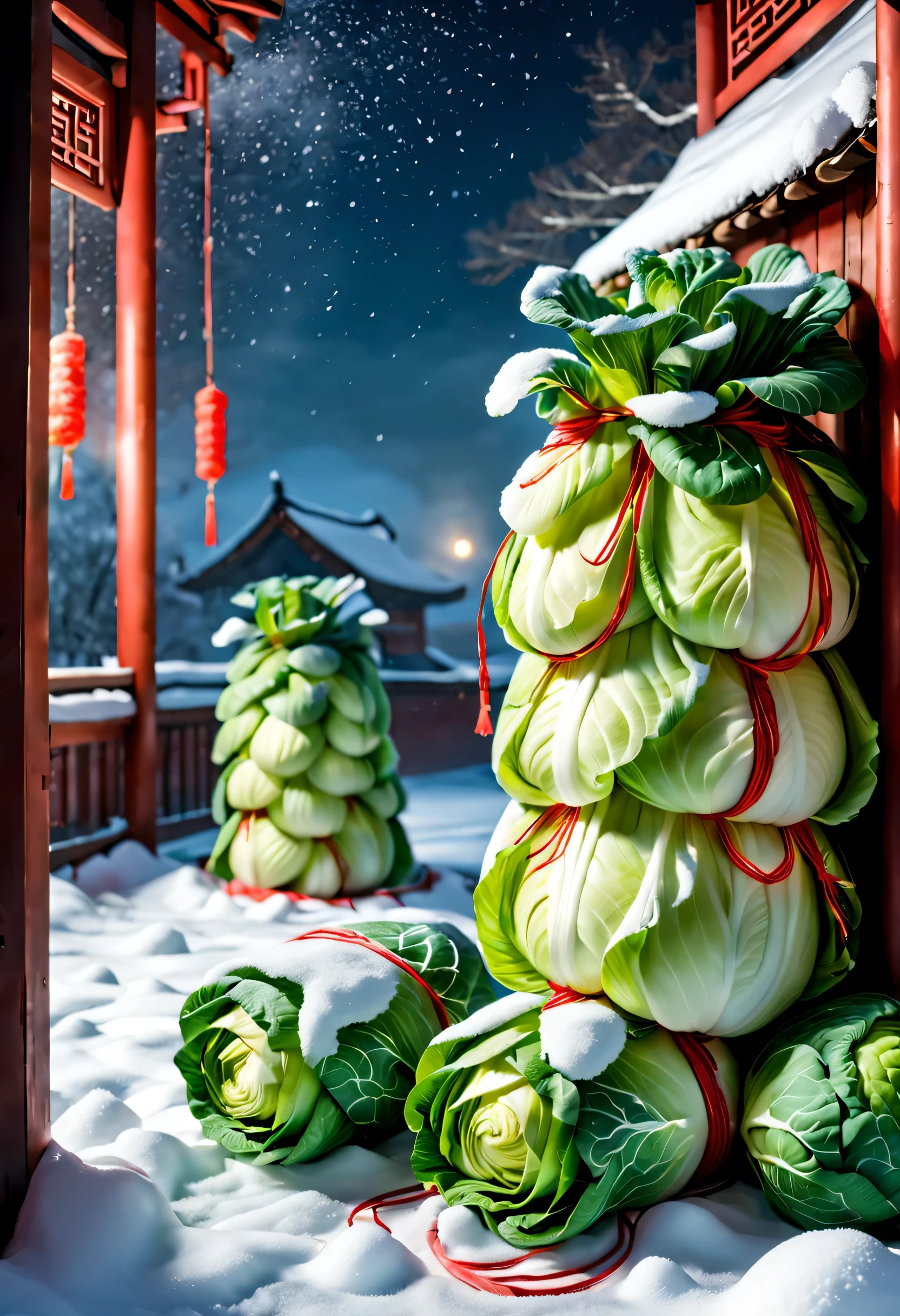Snow-covered northeastern countryside festival night,(There are piles of Northeastern cabbage tied with red strings on the windowsill.)