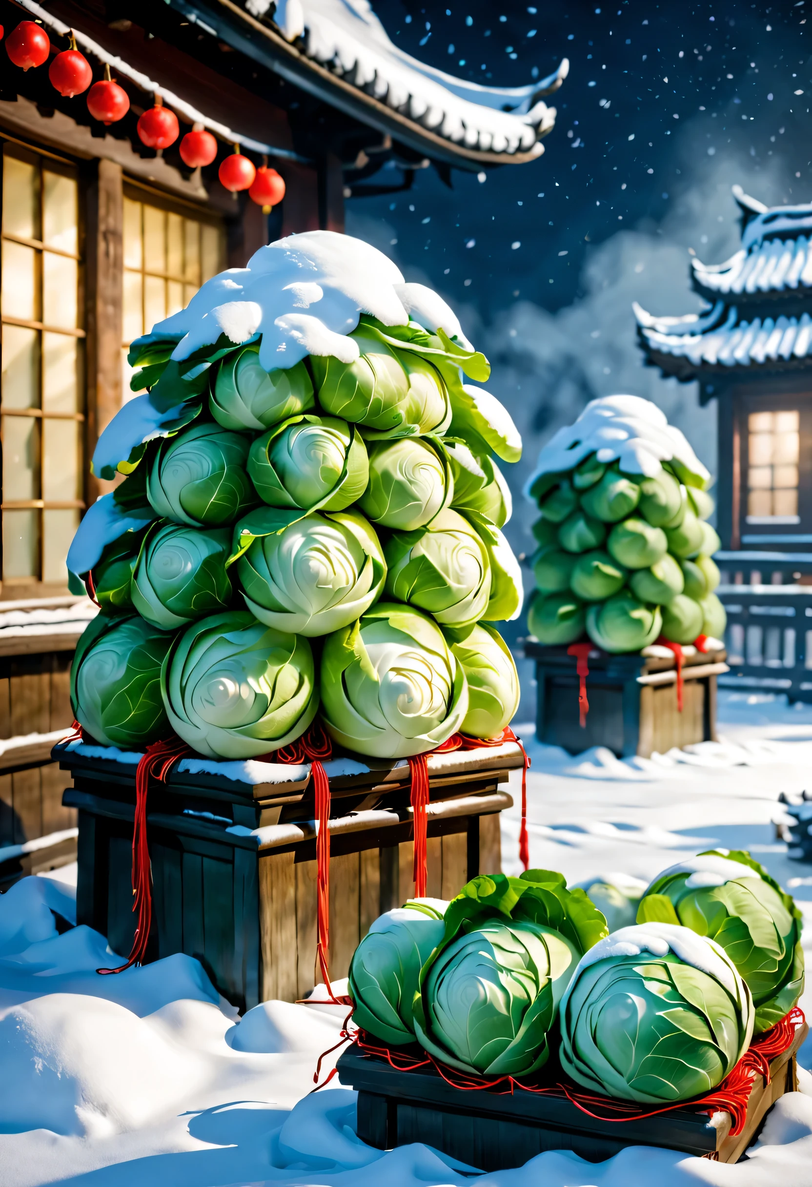 Snow-covered northeastern countryside festival night，（There are piles of Northeastern cabbage tied with red strings on the windowsill.）