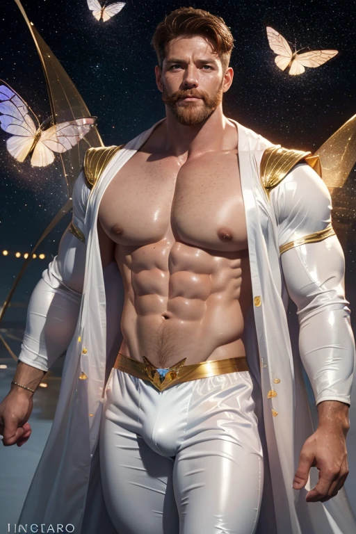 Sailor moon male version , dynamic pose ((muscle man , abs , 50 years old , big bulge , ginger beard , oil , freckles , short hair , Brown eyes , hair chest , wearing a sailor moon outfit in latex plastic)) in white  background (iridescent , lights , stars lights , flashes of light , white butterflys , flowers , glitter) plane 3/4 , Full length portrait , 8k , high definition , perfect detail , photo