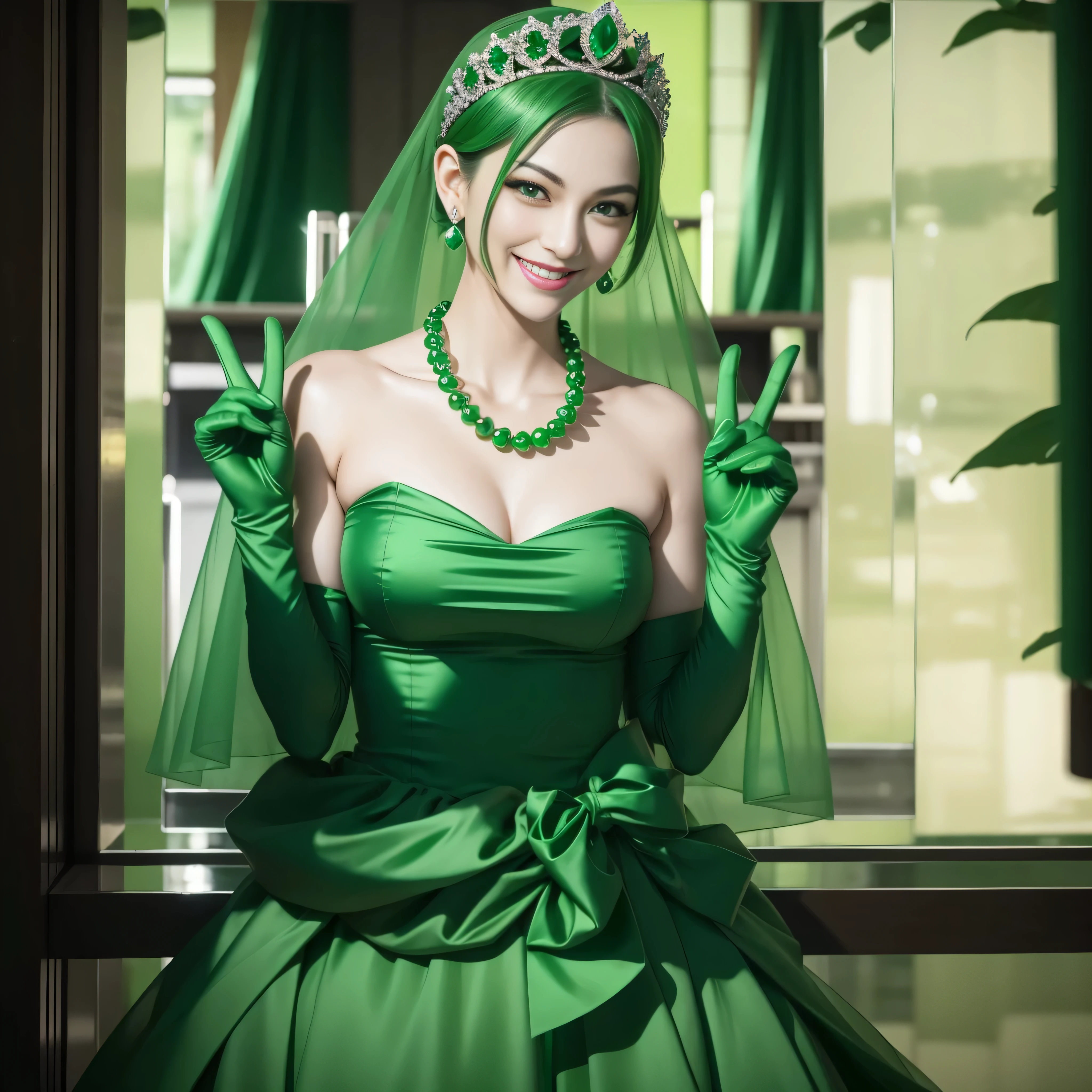 emerald tiara, Green Pearl Necklace, Boyish very short green hair, lipsticks, Japan woman smiling, very short short hair, big breasts beautiful, Green eyes, Long green gloves made of satin material, Green eyes, Emerald Earrings, green vale, v sign
