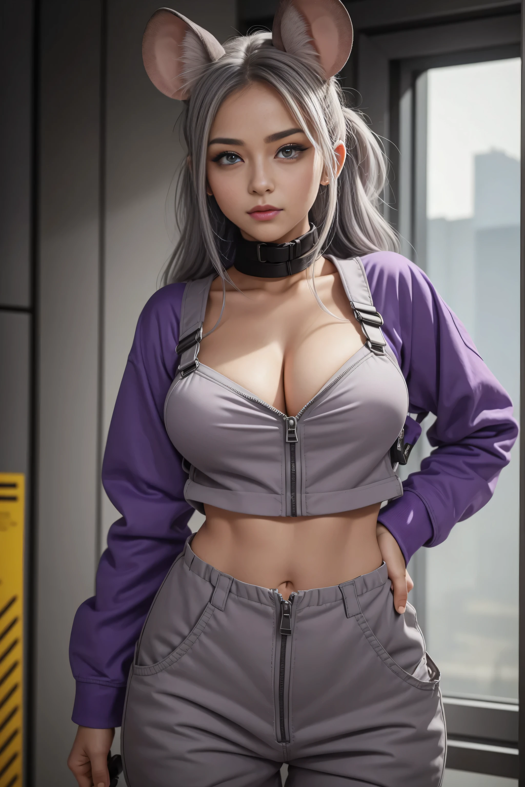 A beautiful, fit, grey skinned mouse girl wearing a purple set of utility overalls unzipped to her midriff. She is covered in grey fur and her face is very mouse-like with a long muzzle and a pink mouse nose. She has mouse ears. She is very sexy and cute and her medium breasts strain the fabric of her purple utility jumpsuit. She looks very sexy and is looking into the camera with an alluring look on her face.