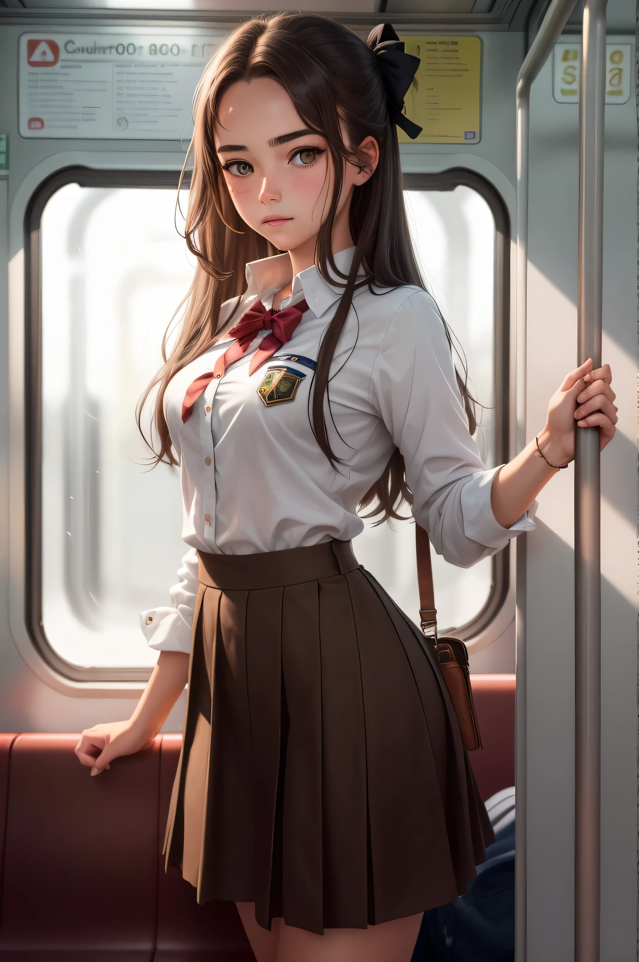 {there is a young girl standing on a train. she is beautiful, and attractive. she is wearing a european school uniform. she has beautiful long brown hair, and beautiful hazel eyes. she has her hair tied up with a ribbon. she is holding onto a handgrip as the train is moving.}, {best quality}, {{masterpiece}}, {highres}, {{{8k}}}, extremely detailed girl, {{{caucasian skin}}}, {{{detailed face}}}, {photo-realism}, {{perfect anatomy}}, sharp focus, {{{character{1 girl}}}}, solo, {{{{{sharp focus}}}}}, {{{detailed cloth texture}}}, {{{detailed skin texture}}}, {{{smooth lighting}}}, {{australian decent}}, {{18-years old girl}},