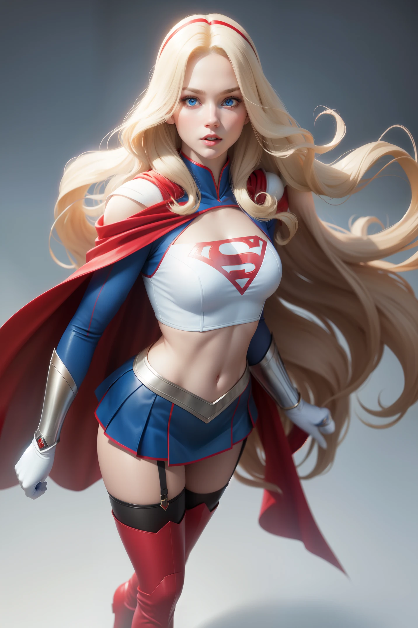 sexy Supergirl long blonde hair and blue eyes, black hairband, white croptop, short sleeves, red cape, blue pencil skirt, red boots, white gloves