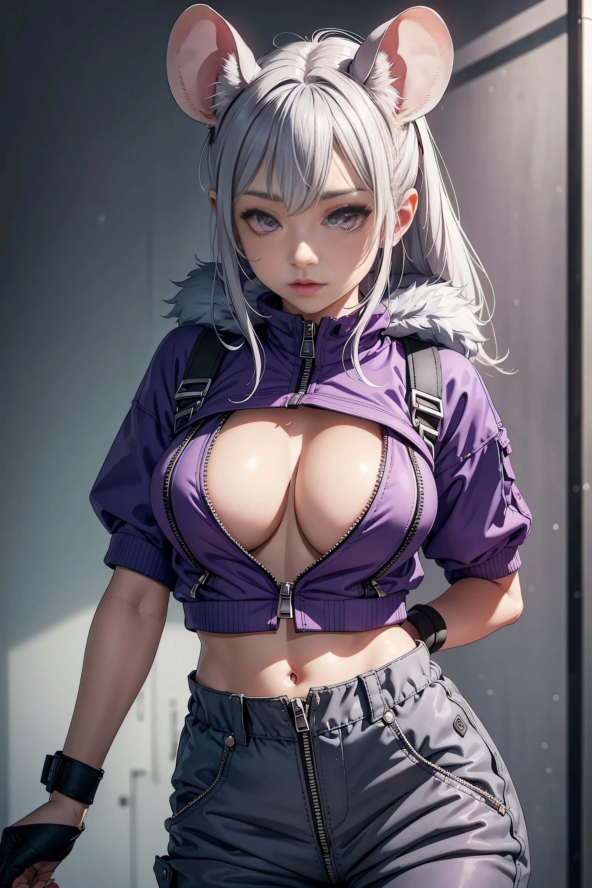 A beautiful, fit, grey skinned mouse girl wearing a purple set of utility overalls unzipped to her midriff. She is covered in grey fur and her face is very mouse-like with a long muzzle and a pink mouse nose. She has mouse ears. She is very sexy and cute and her medium breasts strain the fabric of her purple utility jumpsuit. She looks very sexy and is looking into the camera with an alluring look on her face.
