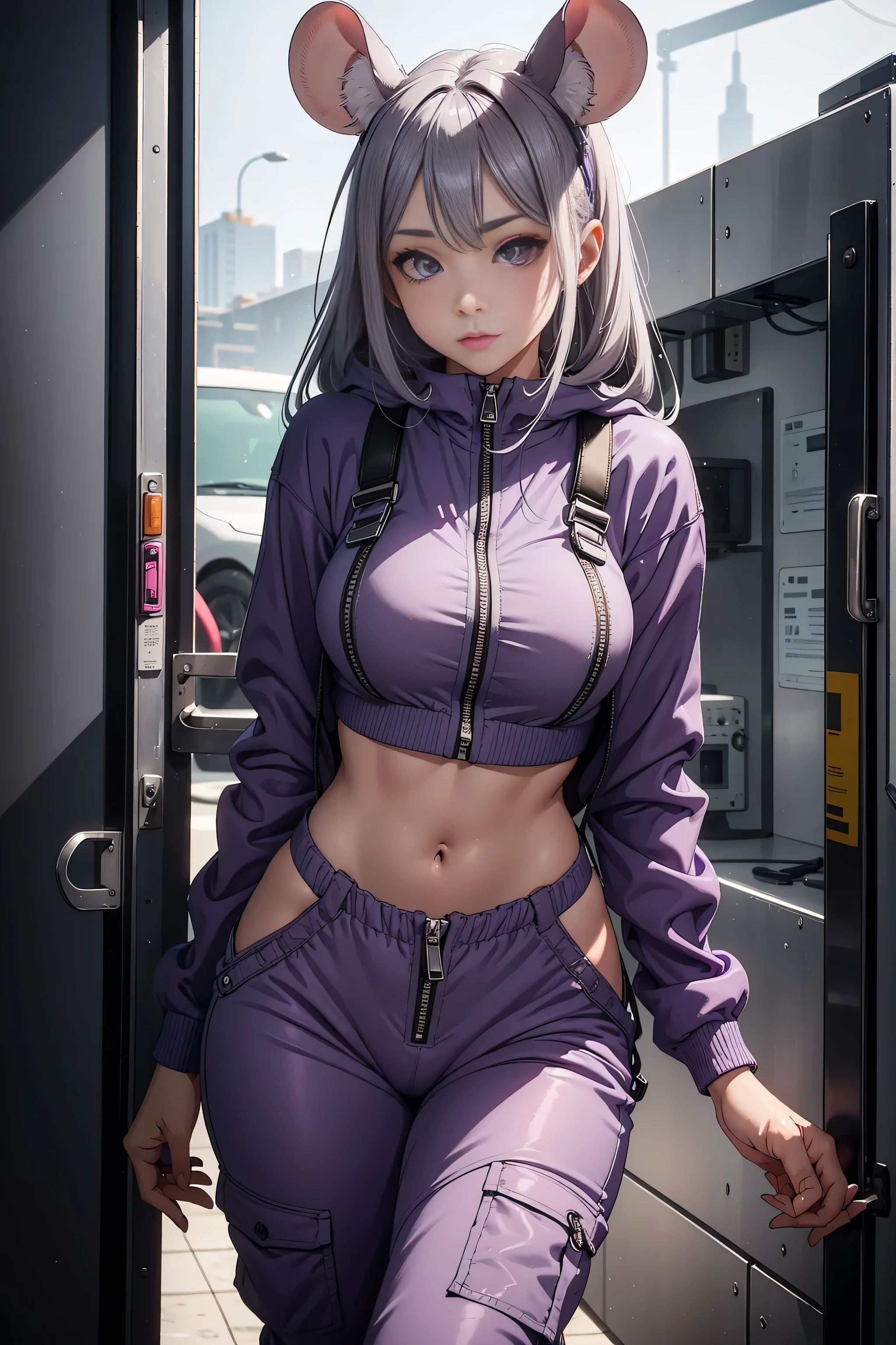 A beautiful, fit, grey skinned mouse girl wearing a purple set of utility overalls unzipped to her midriff. She is covered in grey fur and her face is very mouse-like with a long muzzle and a pink mouse nose. She has mouse ears. She is very sexy and cute and her medium breasts strain the fabric of her purple utility jumpsuit. She looks very sexy and is looking into the camera with an alluring look on her face.