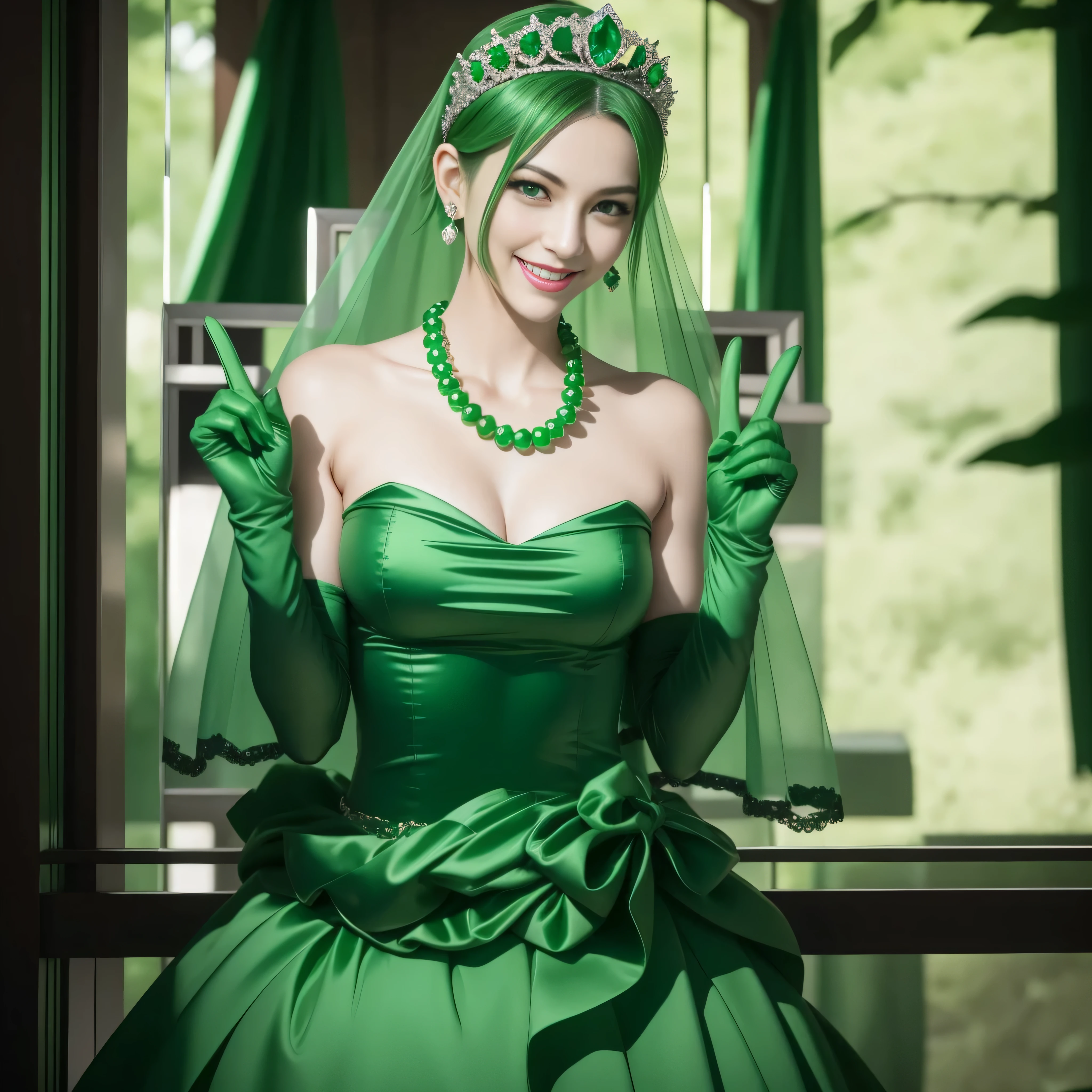emerald tiara, Green Pearl Necklace, Boyish very short green hair, lipsticks, Japan woman smiling, very short short hair, big breasts beautiful, Green eyes, Long green gloves made of satin material, Green eyes, Emerald Earrings, green vale, v sign