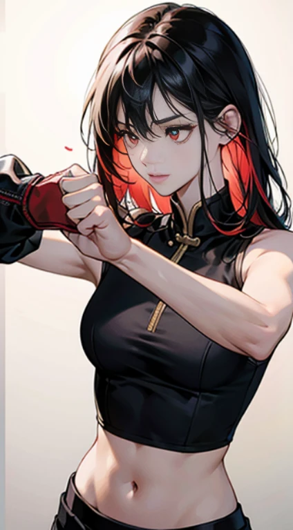(Best quality at best,4K,A high resolution), Girl vs, Red mesh hair on black hair, Long, straight hair, sharp sharp eyes,glarelight、red eyes、eyeline、Girl in black vest,Delicately expresses realistic muscle texture,Down to the smallest detail、comic strip,and soul、fistfighting、Uppercut stance,如同战斗comic strip中的场景一样的描绘、Navel-baring combat uniform,Martial artist, fightingpose,Bleeding from the belly button eye,受伤Cover your tummy,There is blood in the navel,Cover your tummy