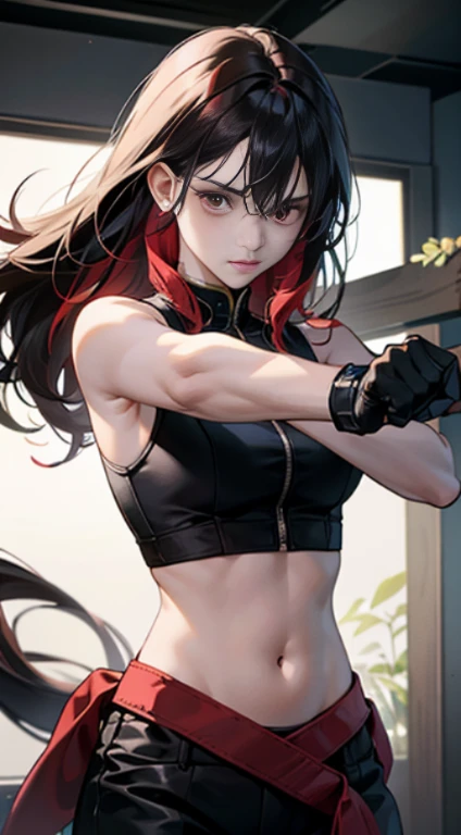 A 16-year-old girl, long black hair, dark eyes, well-formed and large breasts, size double G, small waist, wide hips, and a big ass, long and thick legs, and wearing sports clothing, looking straight ahead, and that measures 1.69