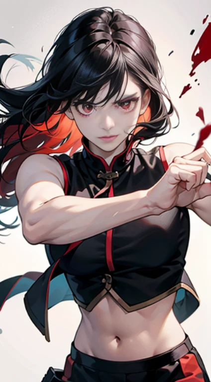 (Best quality at best,4K,A high resolution), Girl vs, Red mesh hair on black hair, Long, straight hair, sharp sharp eyes,glarelight、red eyes、eyeline、Girl in black vest,Delicately expresses realistic muscle texture,Down to the smallest detail、comic strip,and soul、fistfighting、Uppercut stance,如同战斗comic strip中的场景一样的描绘、Navel-baring combat uniform,Martial artist, fightingpose,Bleeding from the belly button eye,受伤Cover your tummy,There is blood in the navel,Cover your tummy