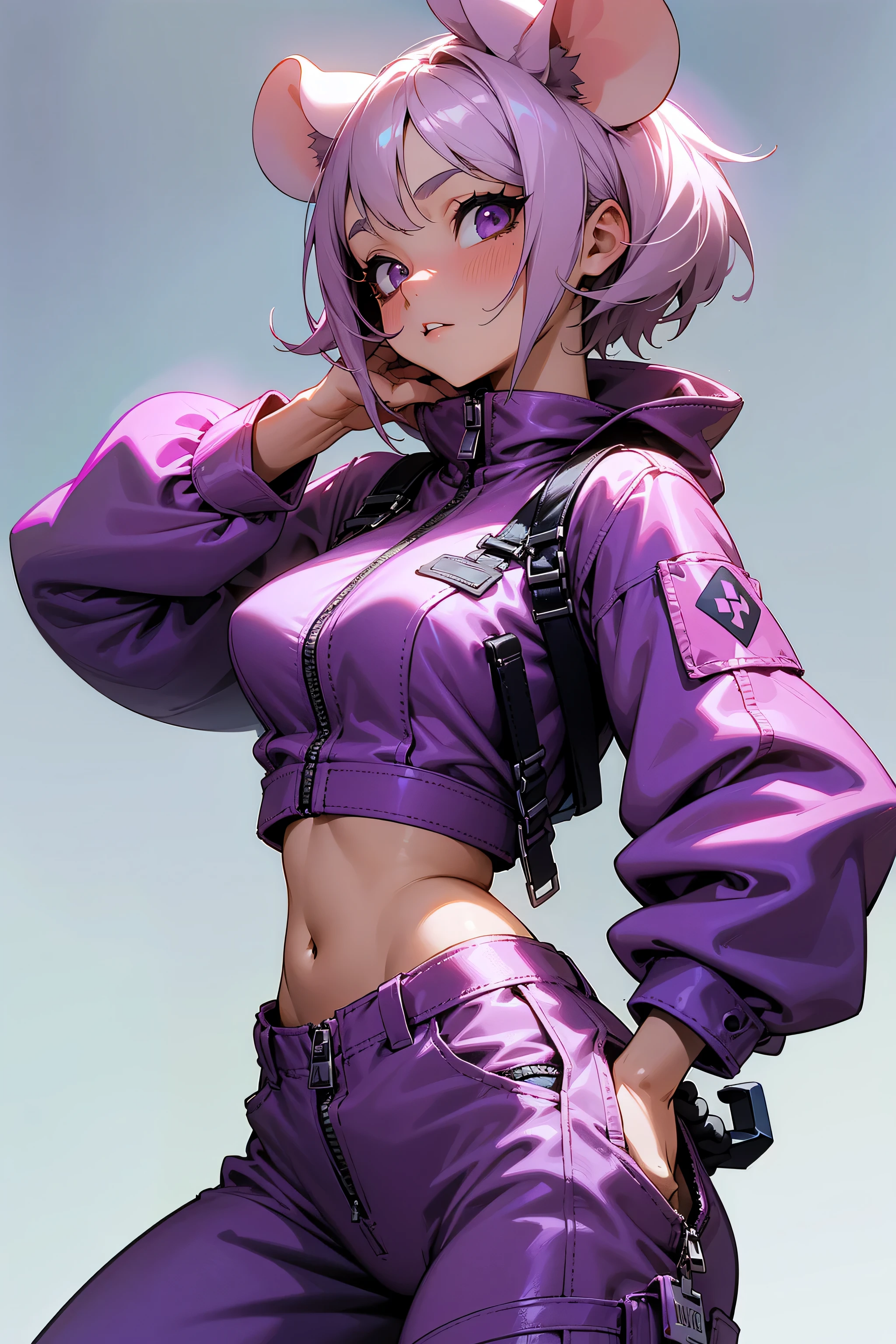 A beautiful, fit, grey skinned mouse girl wearing a purple set of utility overalls unzipped to her midriff. She is covered in grey fur and her face is very mouse-like with a long muzzle and a pink mouse nose. She has mouse ears. She is very sexy and cute and her medium breasts strain the fabric of her purple utility jumpsuit. She looks very sexy and is looking into the camera with an alluring look on her face.