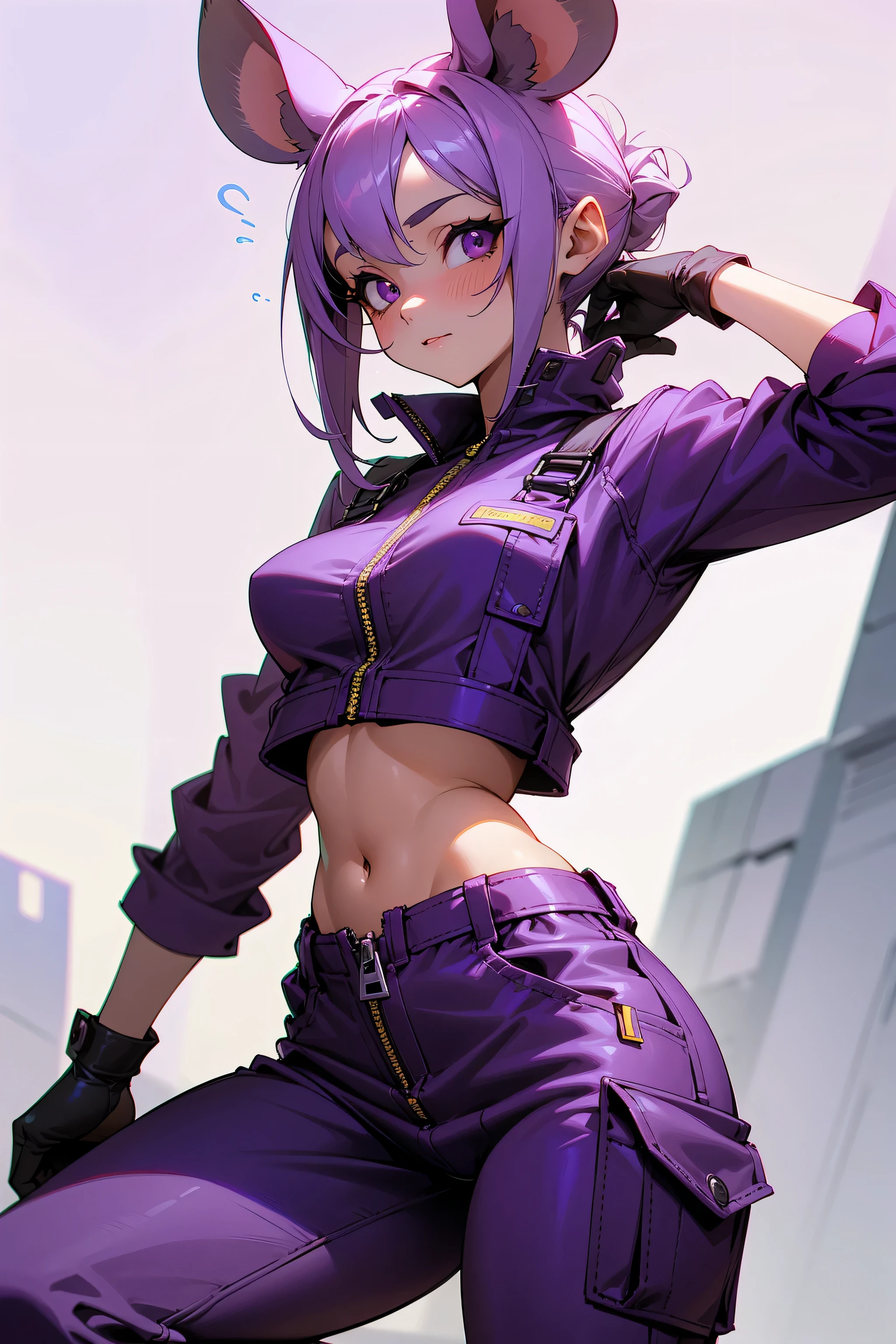 A beautiful, fit, grey skinned mouse girl wearing a purple set of utility overalls unzipped to her midriff. She is covered in grey fur and her face is very mouse-like with a long muzzle and a pink mouse nose. She has mouse ears. She is very sexy and cute and her medium breasts strain the fabric of her purple utility jumpsuit. She looks very sexy and is looking into the camera with an alluring look on her face.