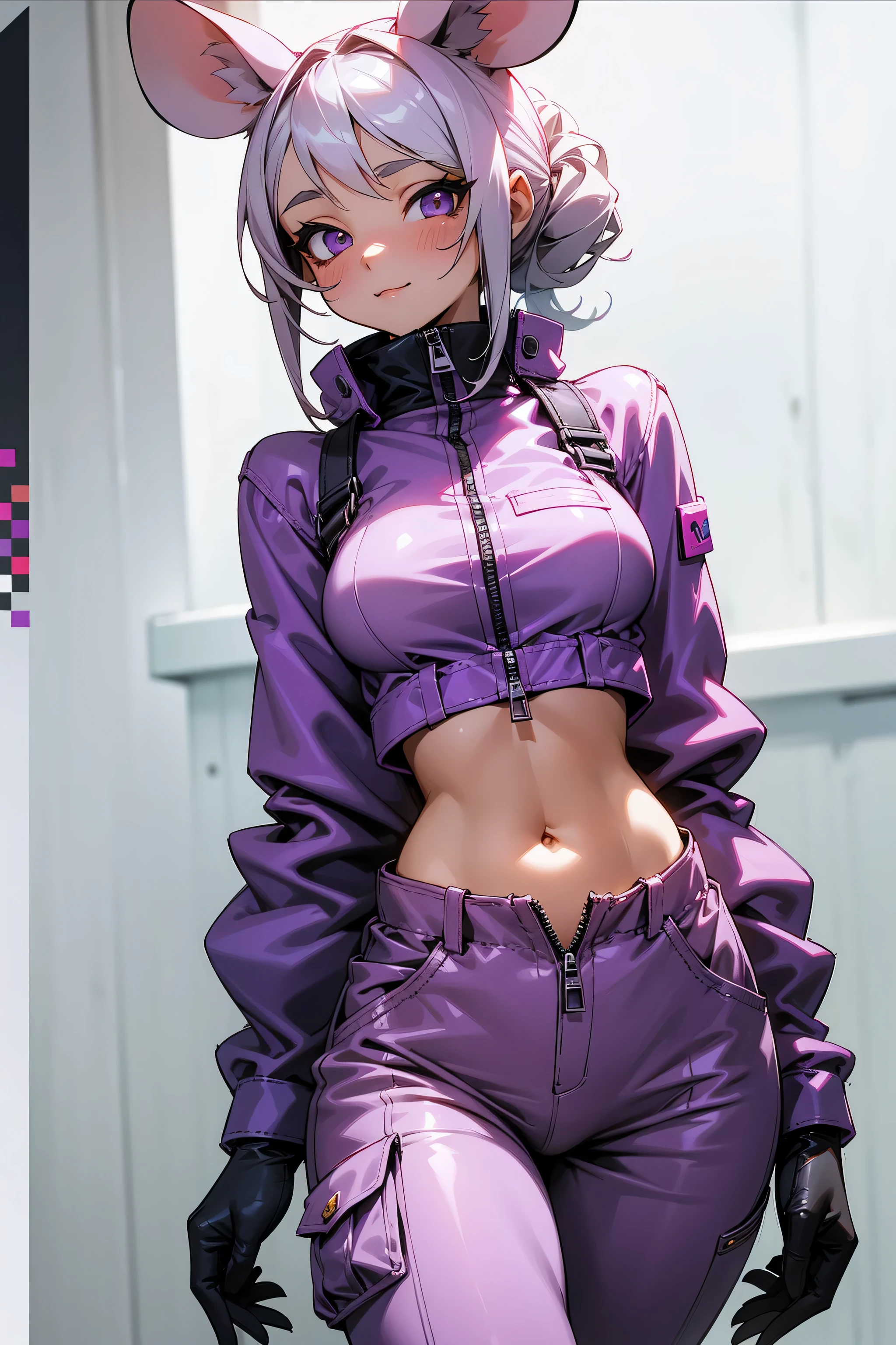 A beautiful, fit, grey skinned mouse girl wearing a purple set of utility overalls unzipped to her midriff. She is covered in grey fur and her face is very mouse-like with a long muzzle and a pink mouse nose. She has mouse ears. She is very sexy and cute and her medium breasts strain the fabric of her purple utility jumpsuit. She looks very sexy and is looking into the camera with an alluring look on her face.