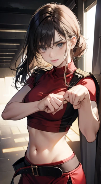 Cover your stomach with your left hand ，her mouth is bleeding，Navel-baring combat uniform，Martial artist，Cover your stomach with one hand，one hand clenched into a fist