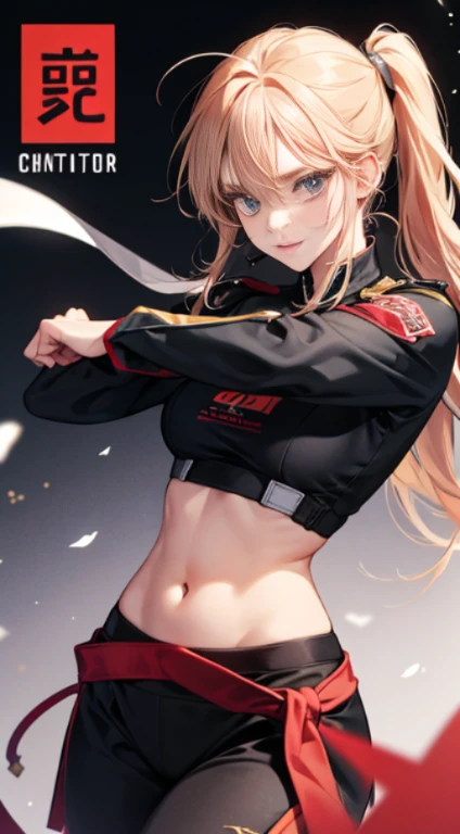 Cover your stomach with your left hand ,her mouth is bleeding,Navel-baring combat uniform,Martial artist,Cover your stomach with one hand,one hand clenched into a fist