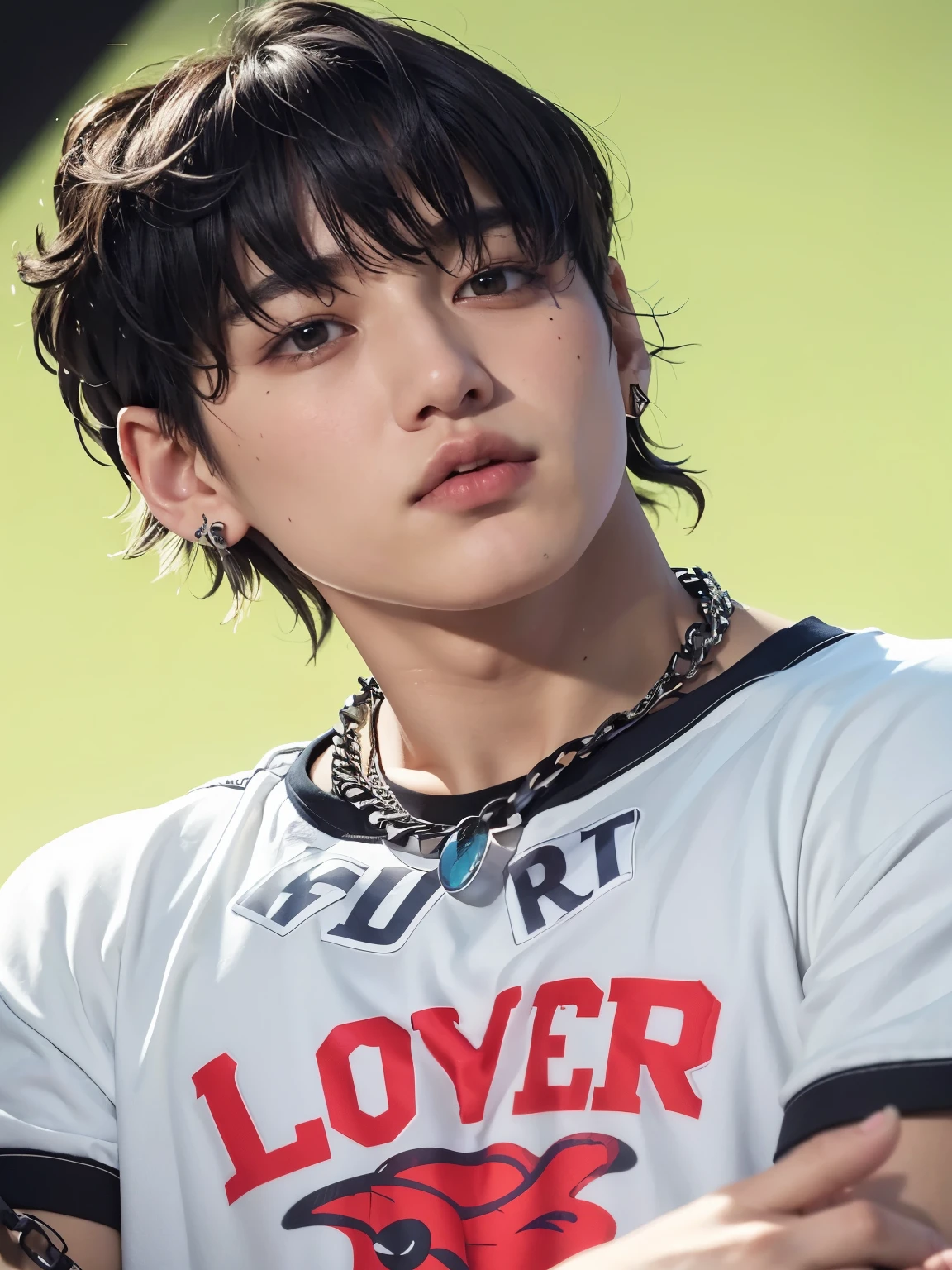 a close-up of a person with a shirt and a chain around their neck, Jeongguk, Jungkook, inspirado em Bts, inspirado em Jeon Jungkook, ferver Jung, Jeon Jeongguk, JaeK, JK, Bangtan Boys, Jungkook's Adorable Korean Face, ferver, Yoongi de cabelos pretos, Bts, jeon jungkook