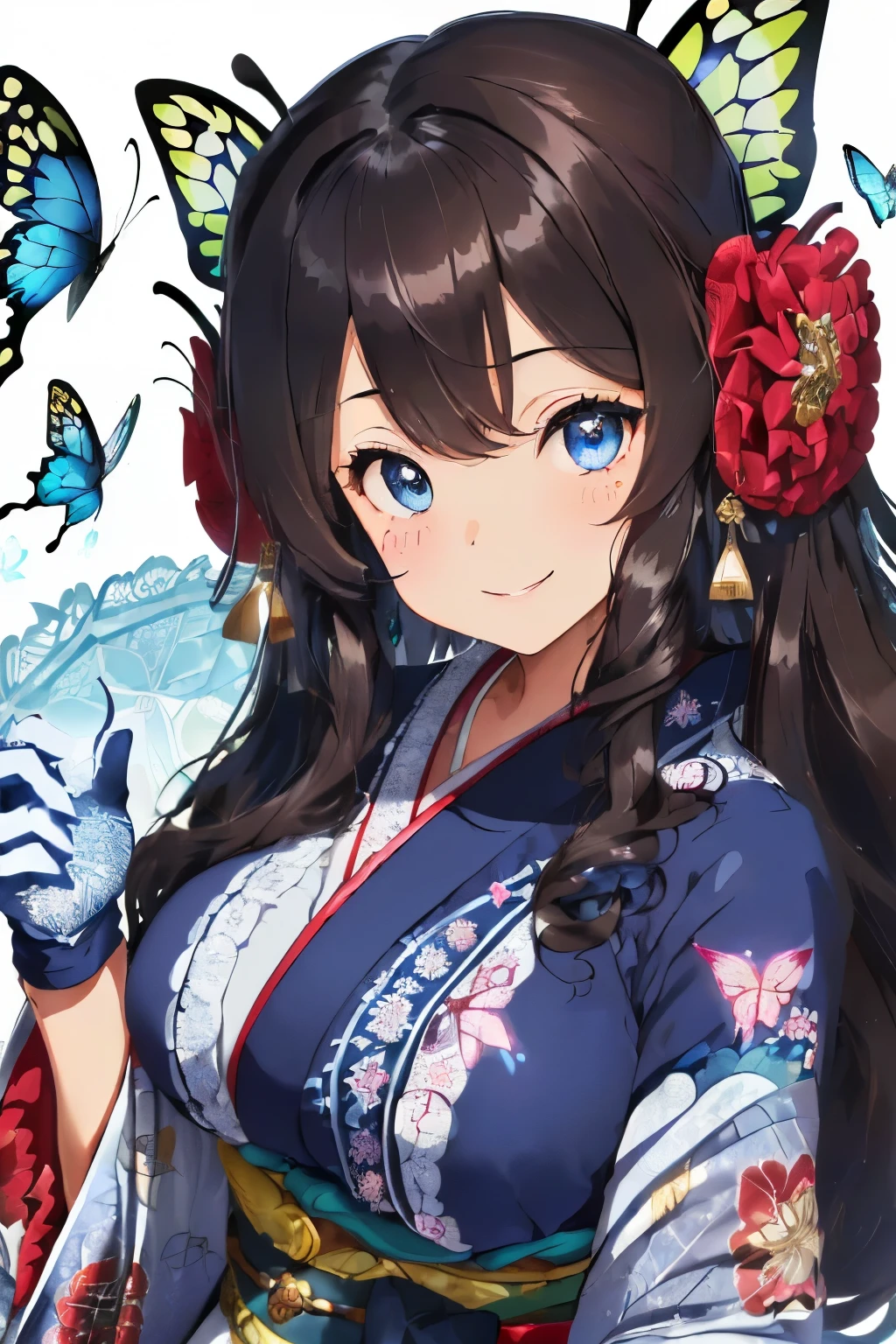 (Dark hair),(Curly hair with a lot of fluff:1.4),(Long curly hair:1.3),(With bangs),(Blue eyes:1.25),Slight red tide,(gloves:1.5),(Kimono with cute design:1.4),(butterfly pattern:1.3),(place々Japanese clothes with lace:1.3),(Brown short boots),(Beautiful breasts spilling out of clothes:1.3),(Happy smile:1.1),(Smiling smile:1.15),(Kadomatsu:1.25),(Accessories shaped like flowers and crystals:1.3),(Her eyes are sparkling:1.2),(Eye size:1.7),(Front perspective:1.2),(Show off your:1.3),(close up of face:1.4),