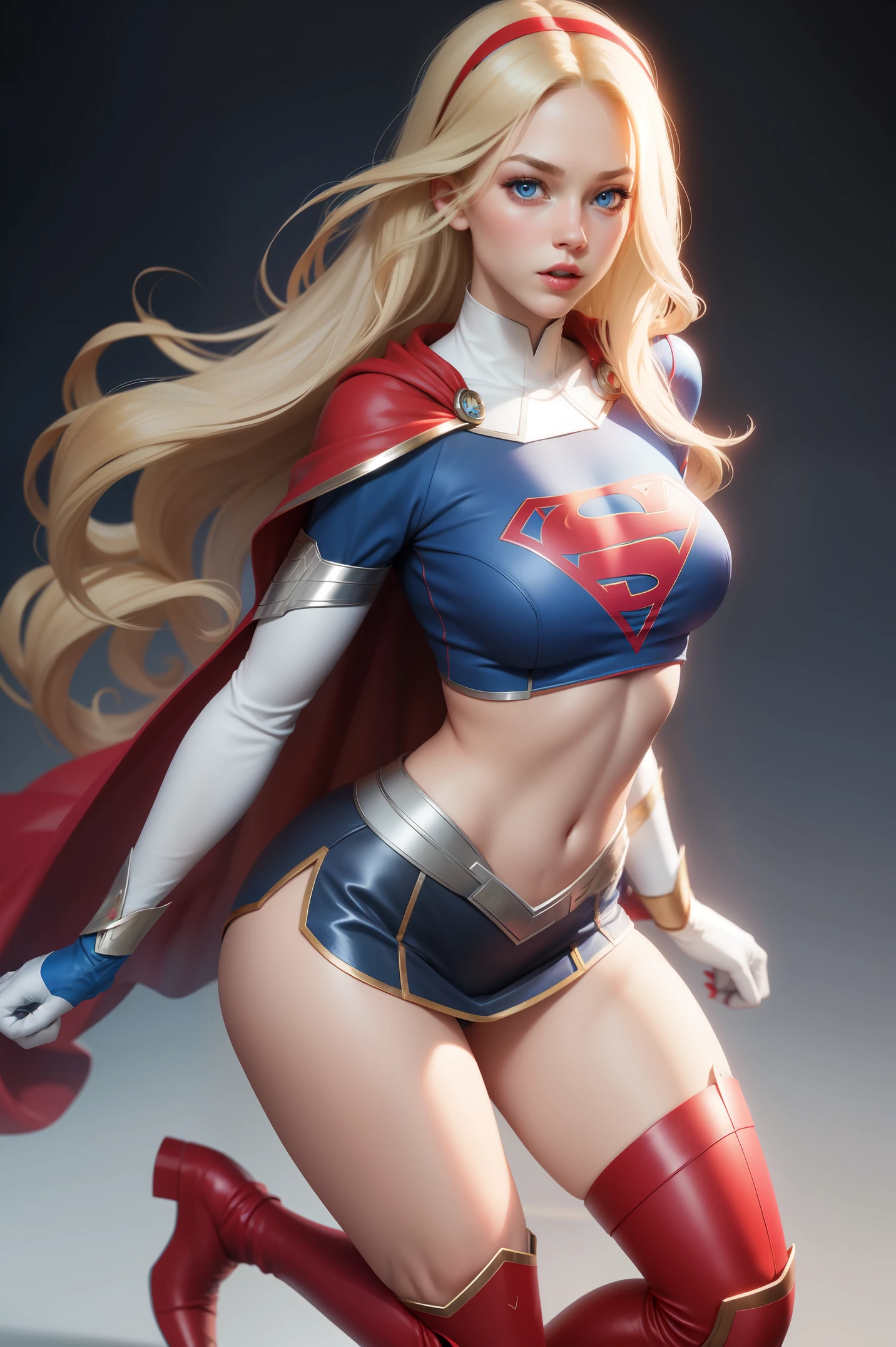sexy Supergirl long blonde hair and blue eyes, black hairband, white croptop, short sleeves, red cape, blue pencil skirt, red boots, white gloves
