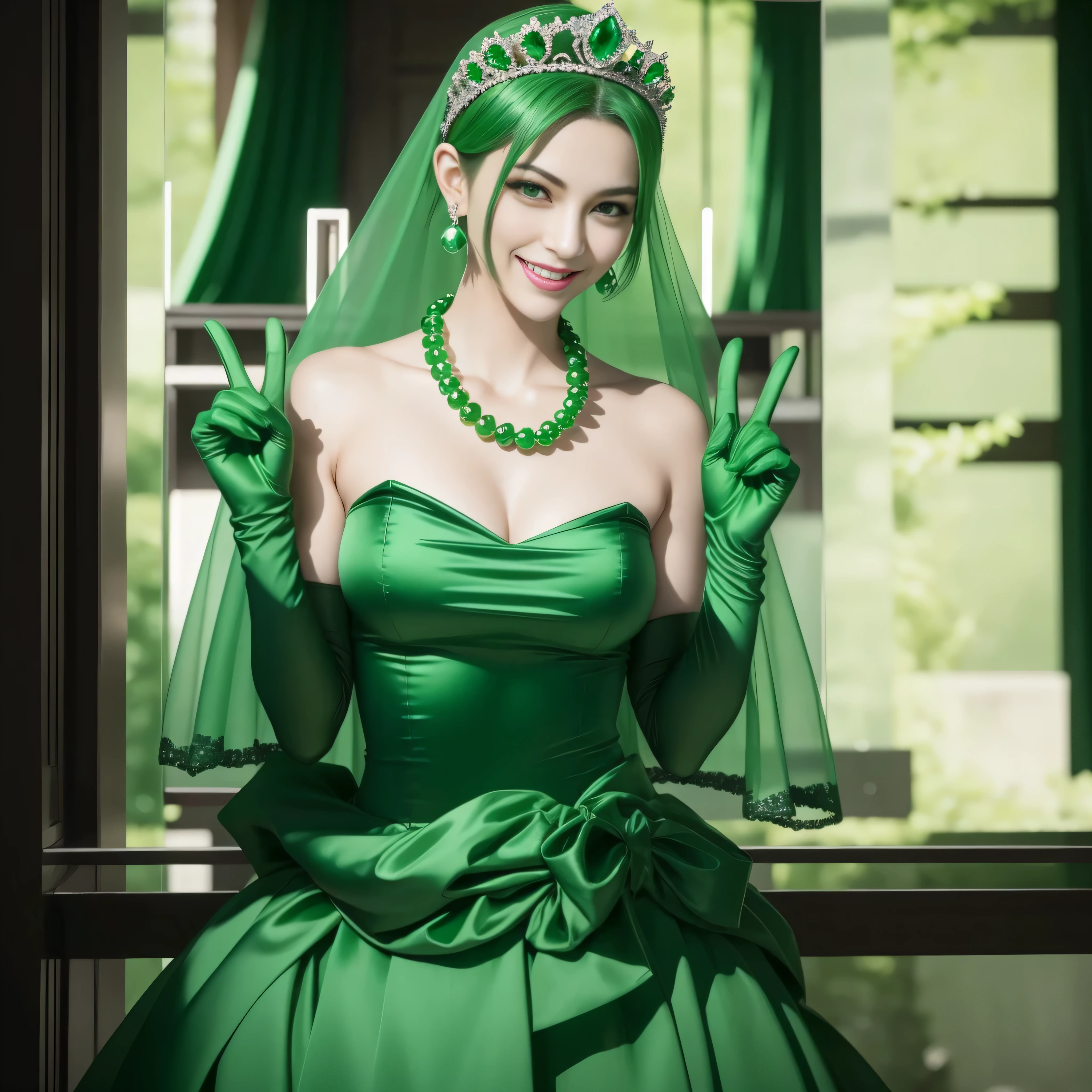 emerald tiara, Green Pearl Necklace, Boyish very short green hair, lipsticks, Japan woman smiling, very short short hair, big breasts beautiful, Green eyes, Long green gloves made of satin material, Green eyes, Emerald Earrings, green vale, v sign