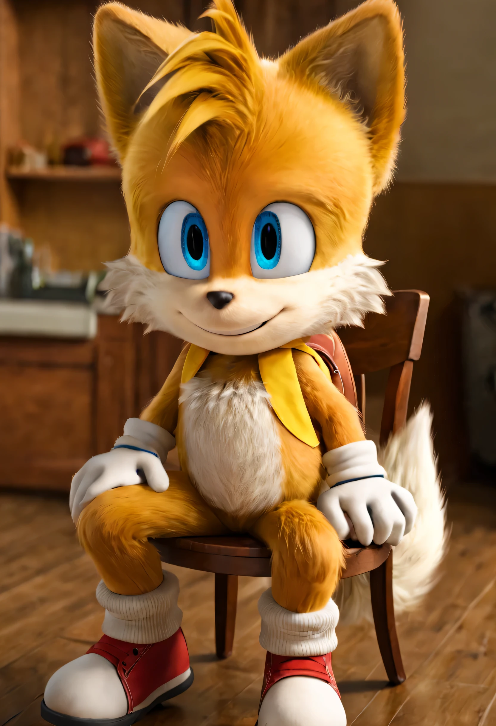 Tails Prower, Miles Prower, solo, looking at viewer, smile, 1boy, standing, full body, sitting on chair, looking at viewer