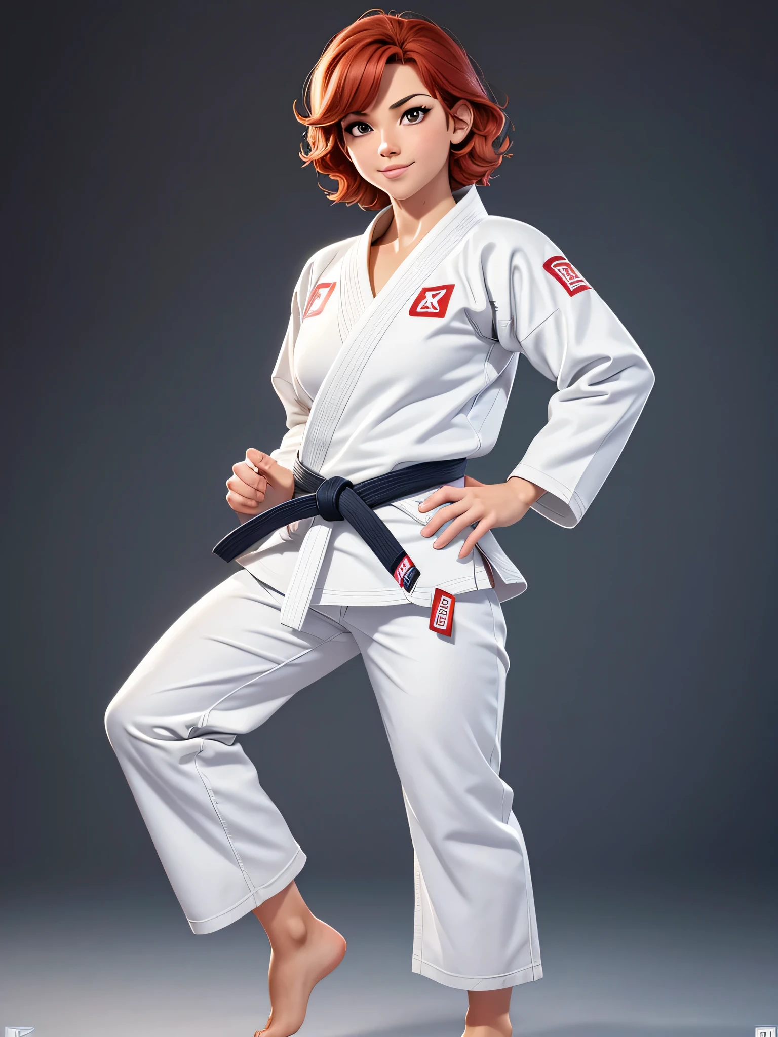 (8k, Foto RAW, Obra-prima de qualidade: 1.2), (Realistic, photoRealistic: 1.37), female judo athlete, mulher branca, red hair, cabelos ondulados, pele clara, judoca, (((Judogi Branco))), soio, Standing, tiro largo, (tiro de corpo inteiro: 1), Looking at the Viewer, Posando para a fotografia, postura firme, fotografia de longo alcance, Rosto detalhado, (sorriso perfeito), (olhos perfeitos), (perfect hands) (perfect fingers), (perfect feets), (corpo forte), (Tiroteio de corpo inteiro: 1).