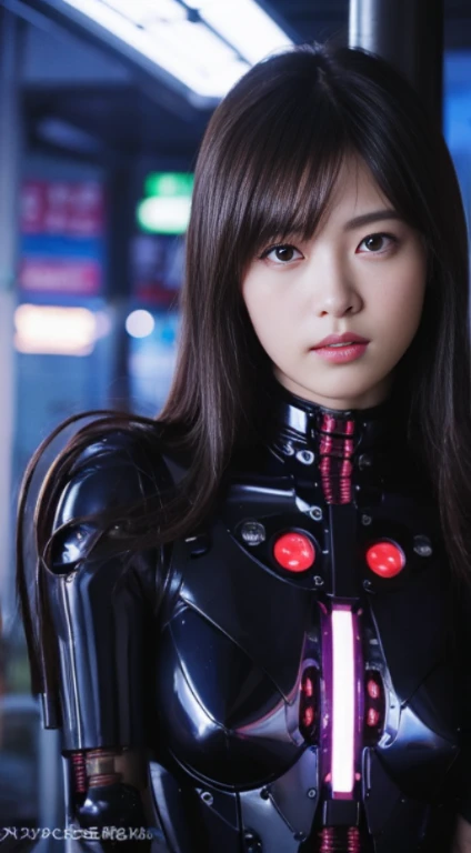 Top Quality, Masterpiece, Ultra High Resolution, (Photorealistic: 1.4), Raw Photo, 1 Girl, Black Hair, Glossy Skin, 1 Mechanical Girl, (Ultra Realistic Detail)), Portrait, Global Illumination, Shadows, Octane Rendering, 8K, Ultra Sharp, Big, Cleavage Exposed Raw Skin, Metal, Intricate Ornament Details, Japan Details, Very intricate details, realistic light, CGSoation trend, purple eyes, glowing eyes, facing the camera, neon details, mechanical limbs, blood vessels connected to the tube, mechanical vertebrae attached to the back, mechanical cervical attachment to the neck, sitting, wires and cables connecting to the head, gundam, small LED lamps,