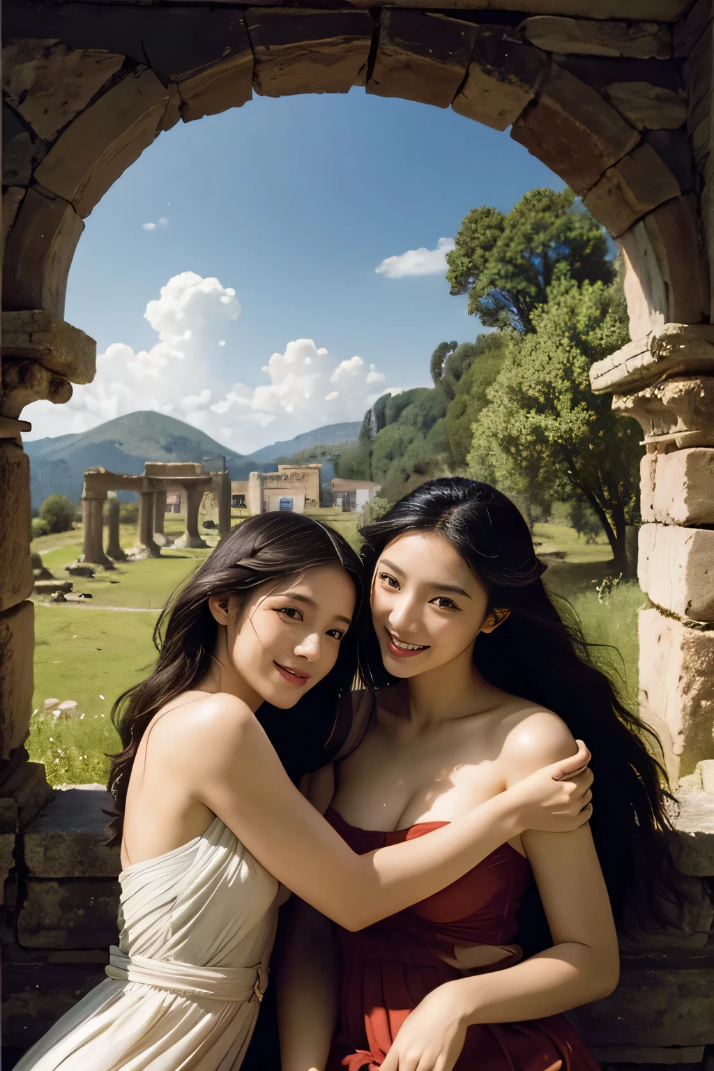 Ancient Roman ruins,Poussin-style landscape,A smile,,Sweet and seductive appearance.、Caravaggio's paintings、Chiaroscuro of Caravaggio、Hair disheveled in the wind,Two women frolicking,Cute smile, Expression of ecstasy,A sexy,Erotic